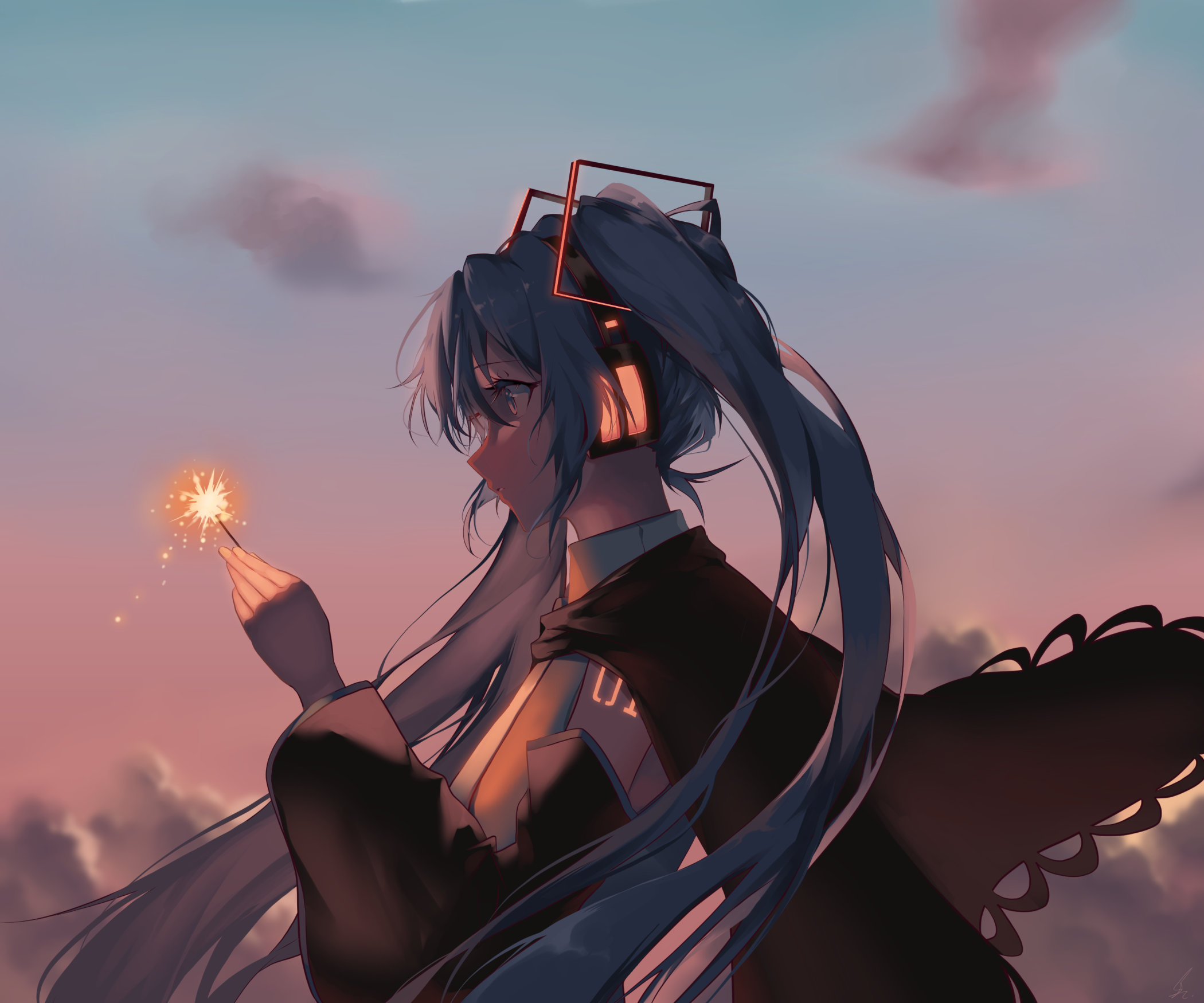 Hatsune Miku from Vocaloid holding a sparkler at sunset HD Wallpaper