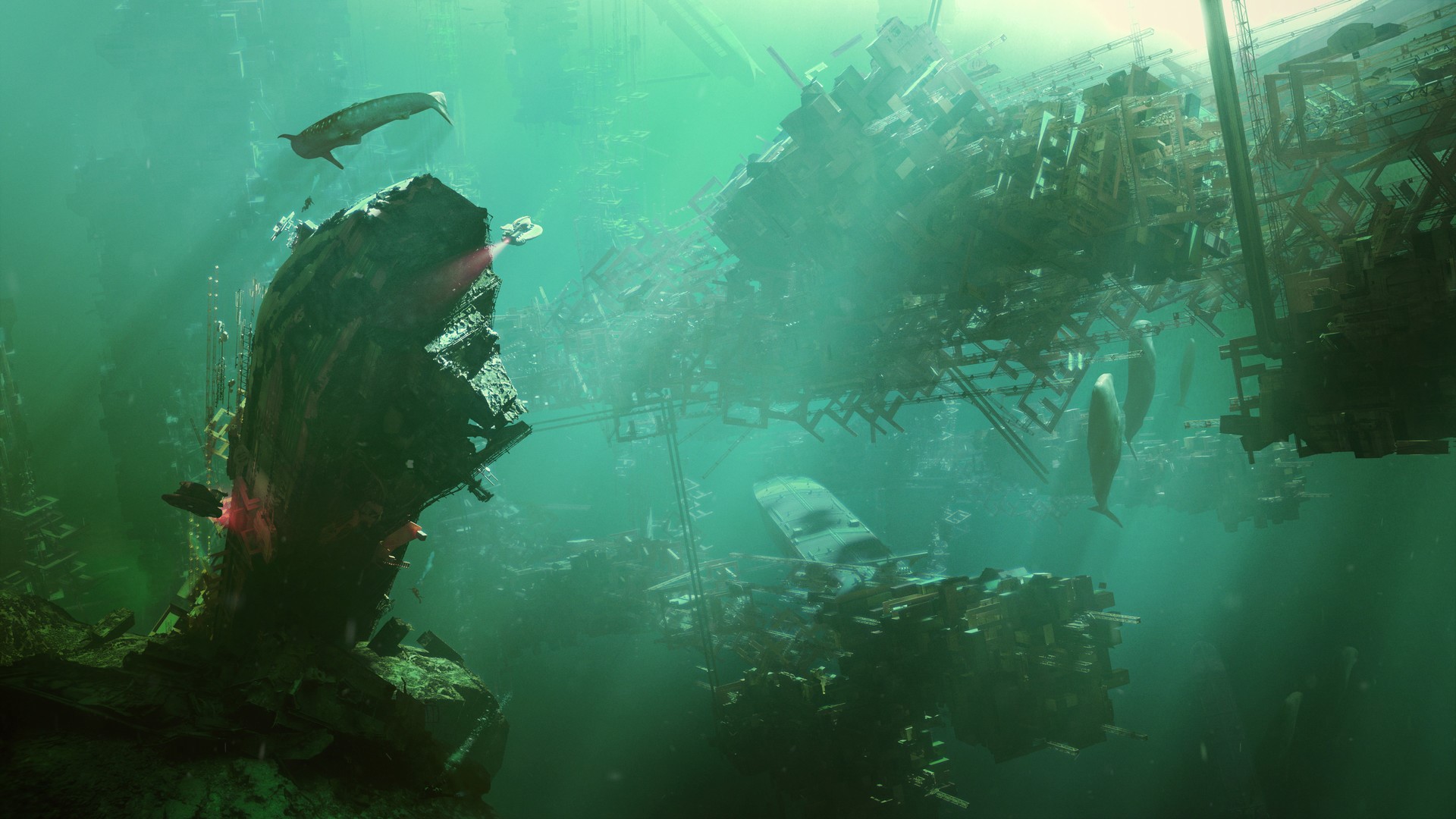 Underwater city ruins with marine life HD Wallpaper