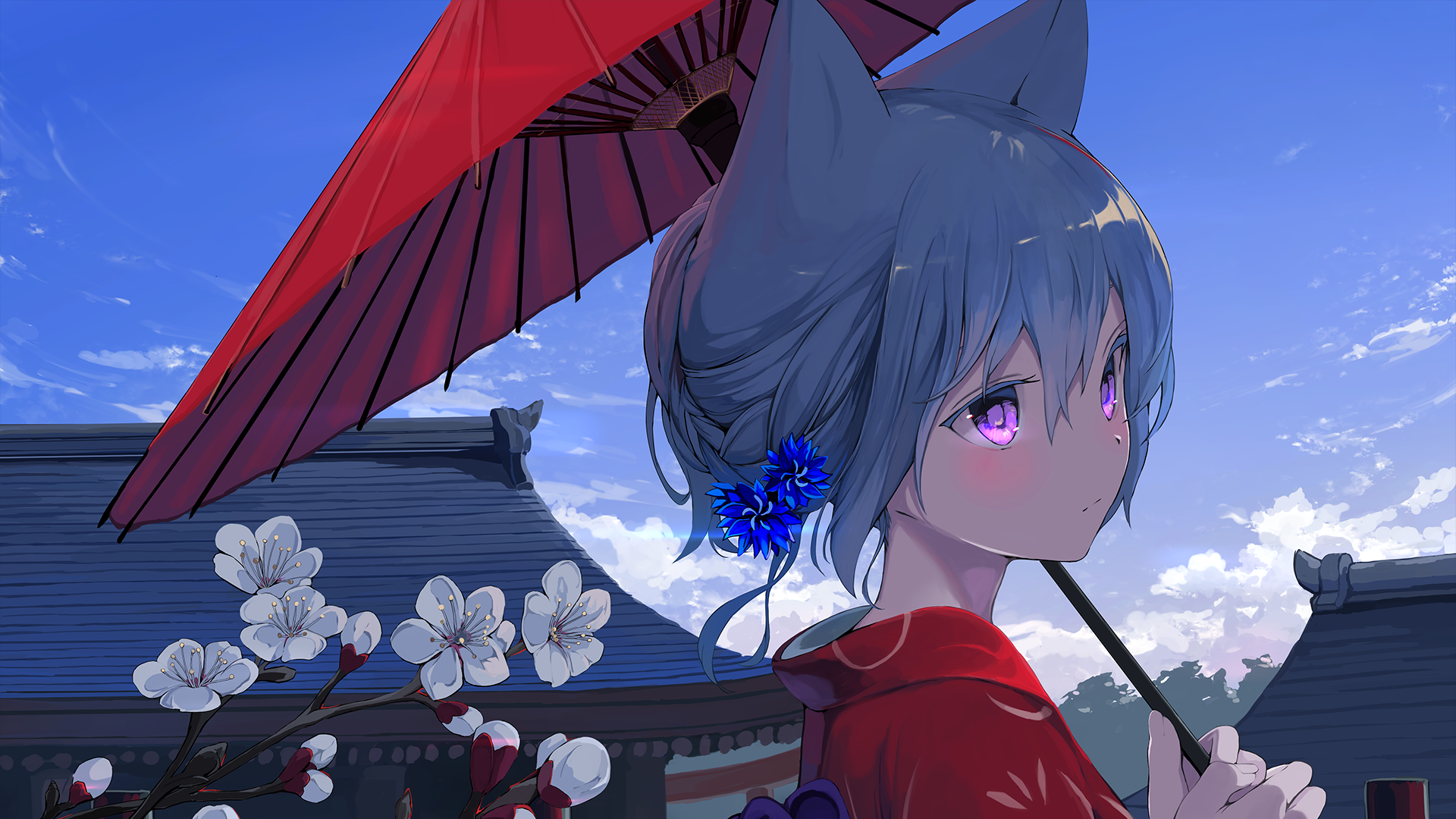 Anime girl with fox ears and umbrella HD Wallpaper