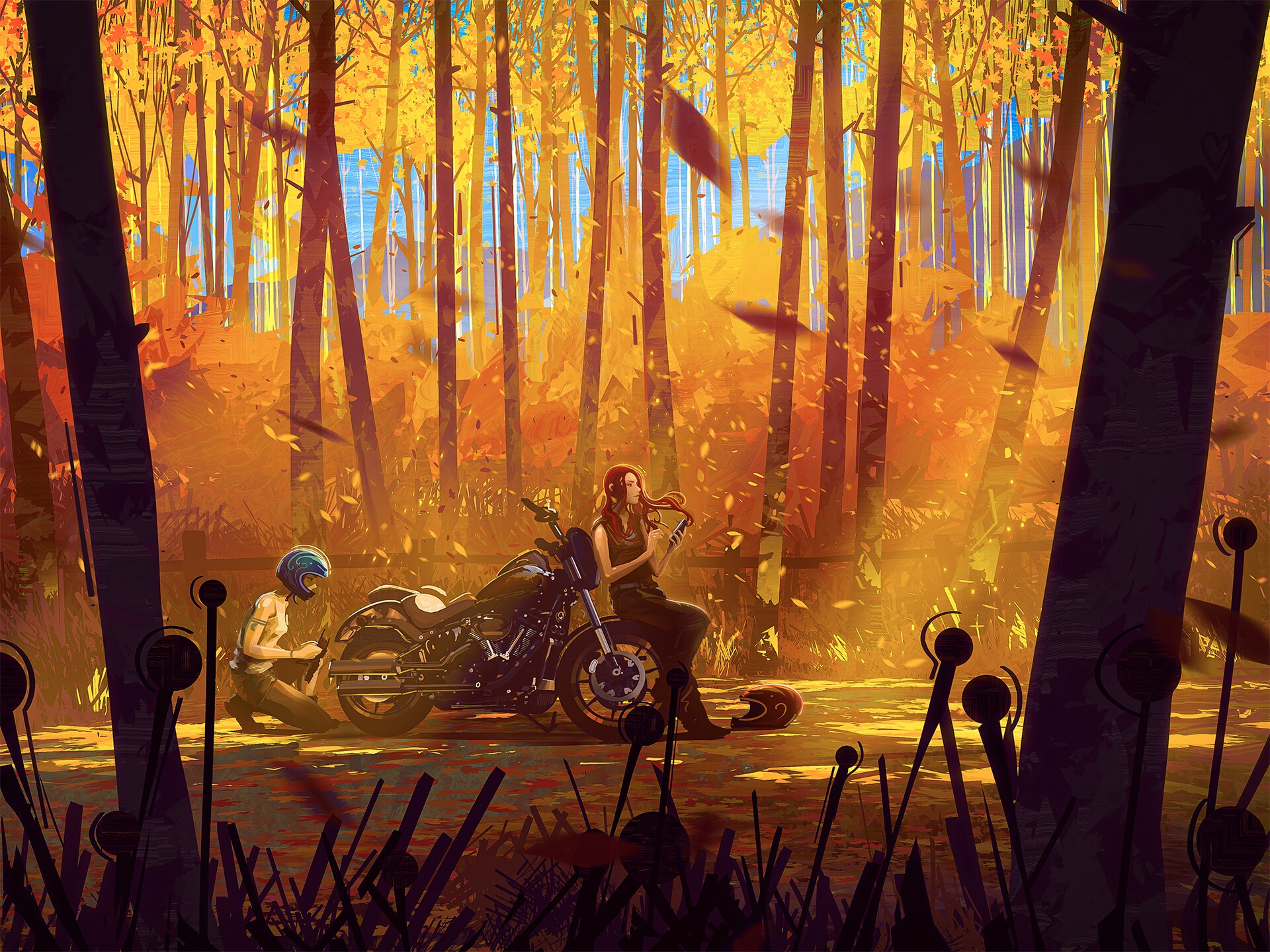 Two women with a motorcycle in an autumn forest HD Wallpaper