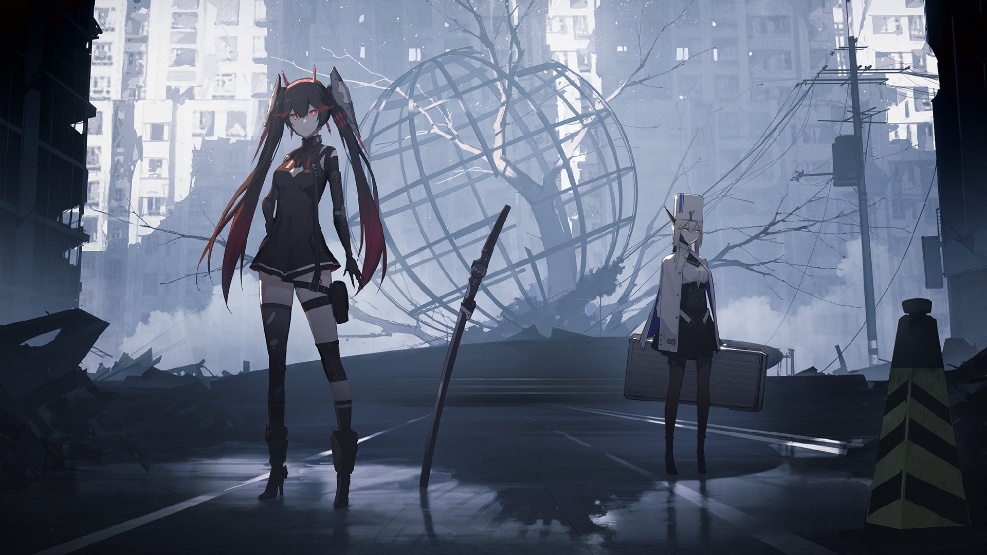 Characters from Punishing: Gray Raven in a ruined city HD Wallpaper