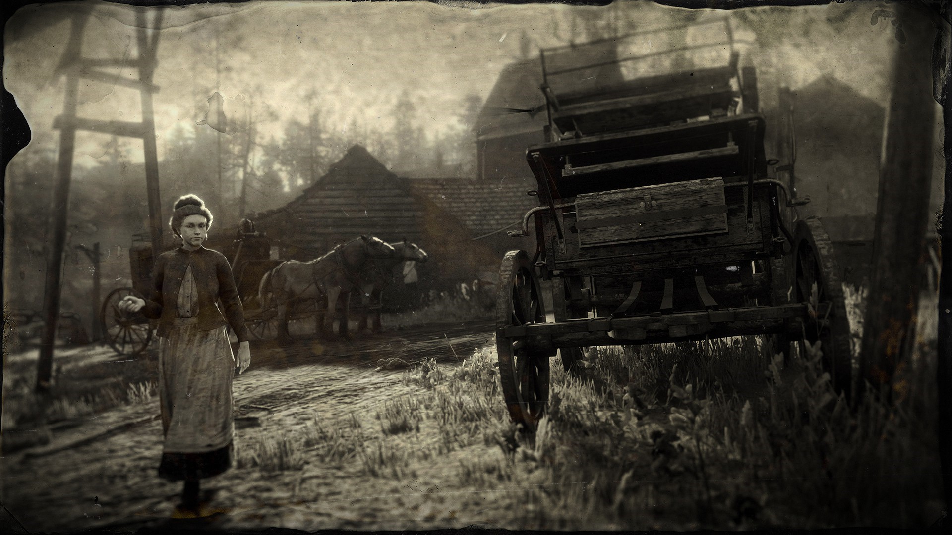 Woman and horse-drawn carriage in Red Dead Redemption 2 HD Wallpaper