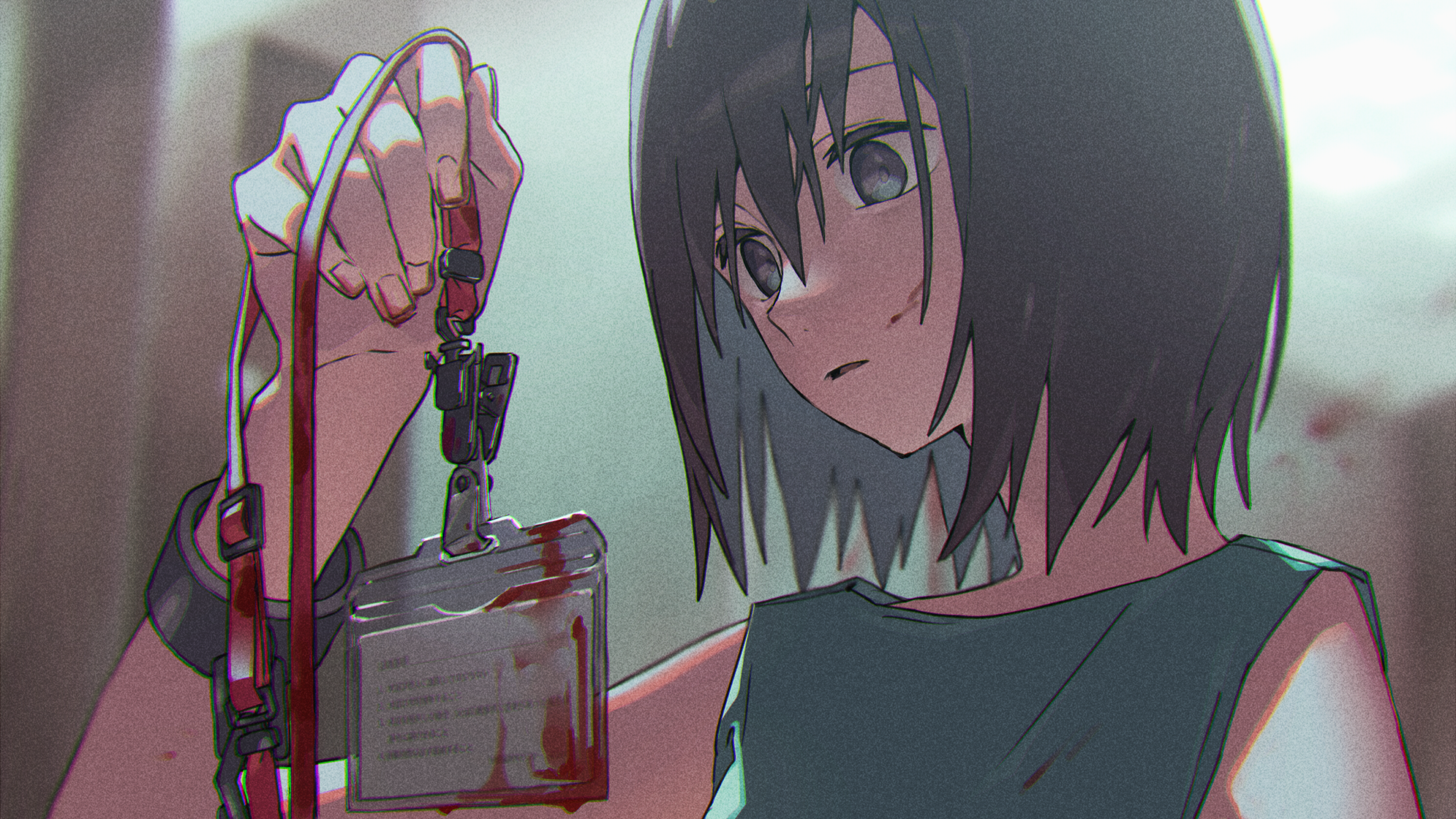 Anime girl holding bloody ID card HD Wallpaper