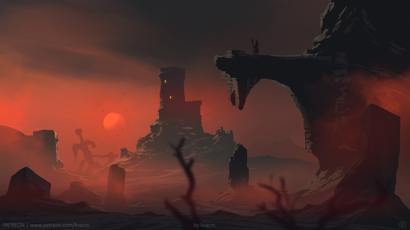 Fantasy landscape with ruins and figures HD Wallpaper