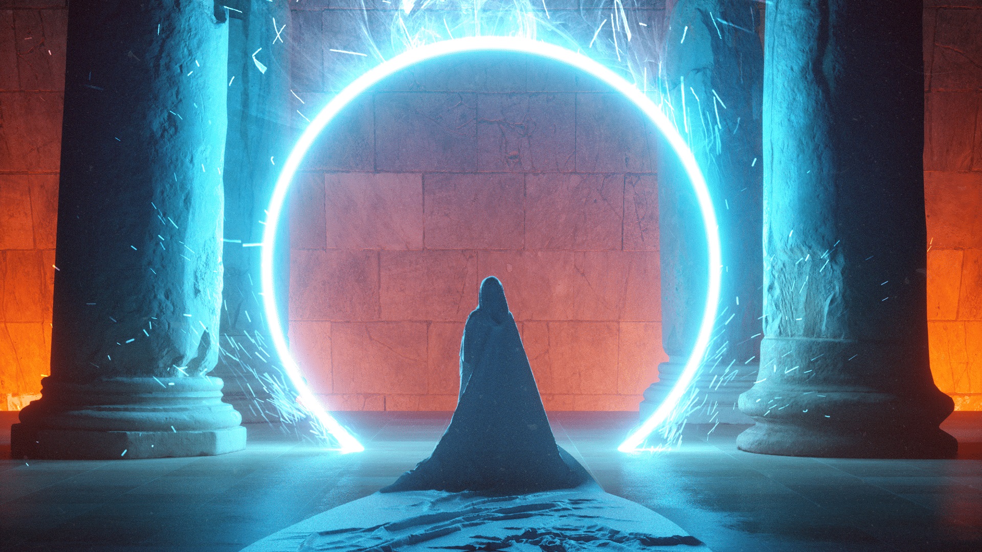 Fantasy man in a hooded cloak before a glowing portal HD Wallpaper