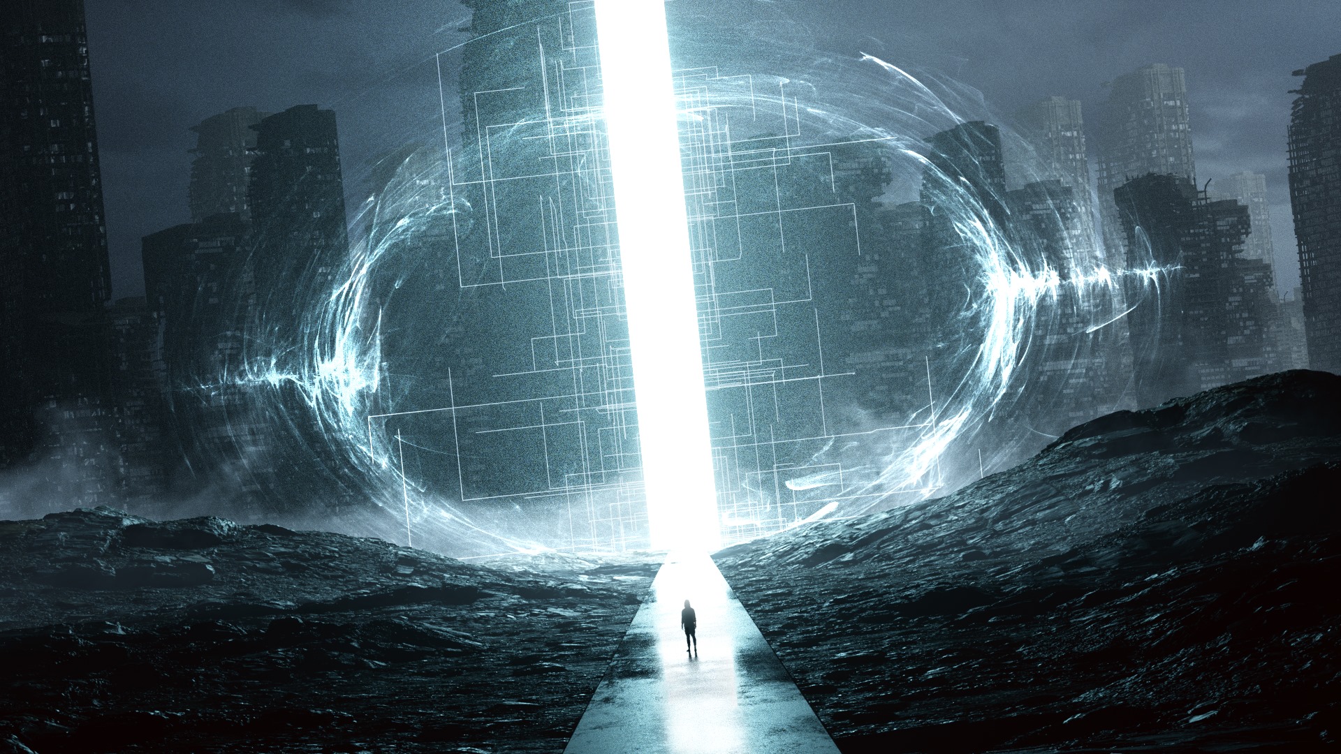 Sci Fi Portal in Ruined City HD Wallpaper