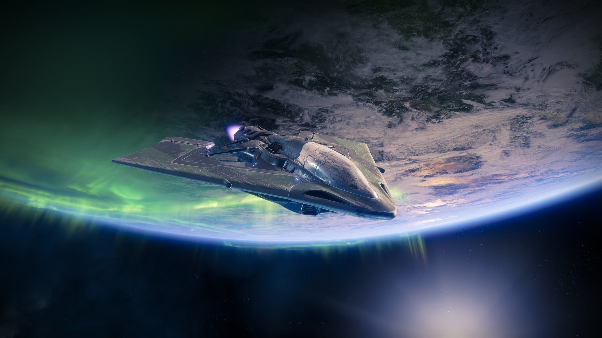 Spaceship flying over Earth with aurora borealis HD Wallpaper