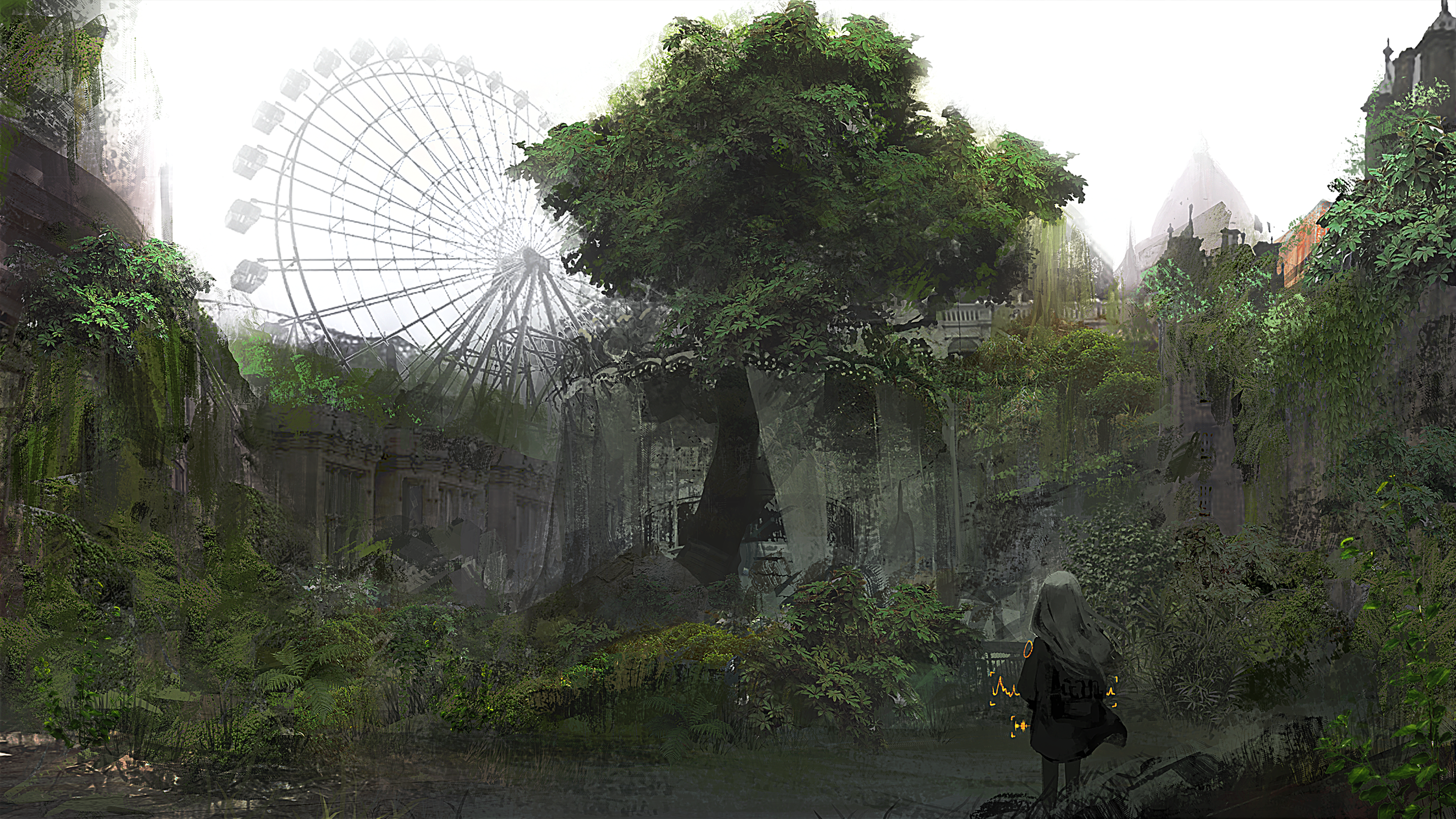 Anime girl in overgrown ruins with Ferris wheel HD Wallpaper