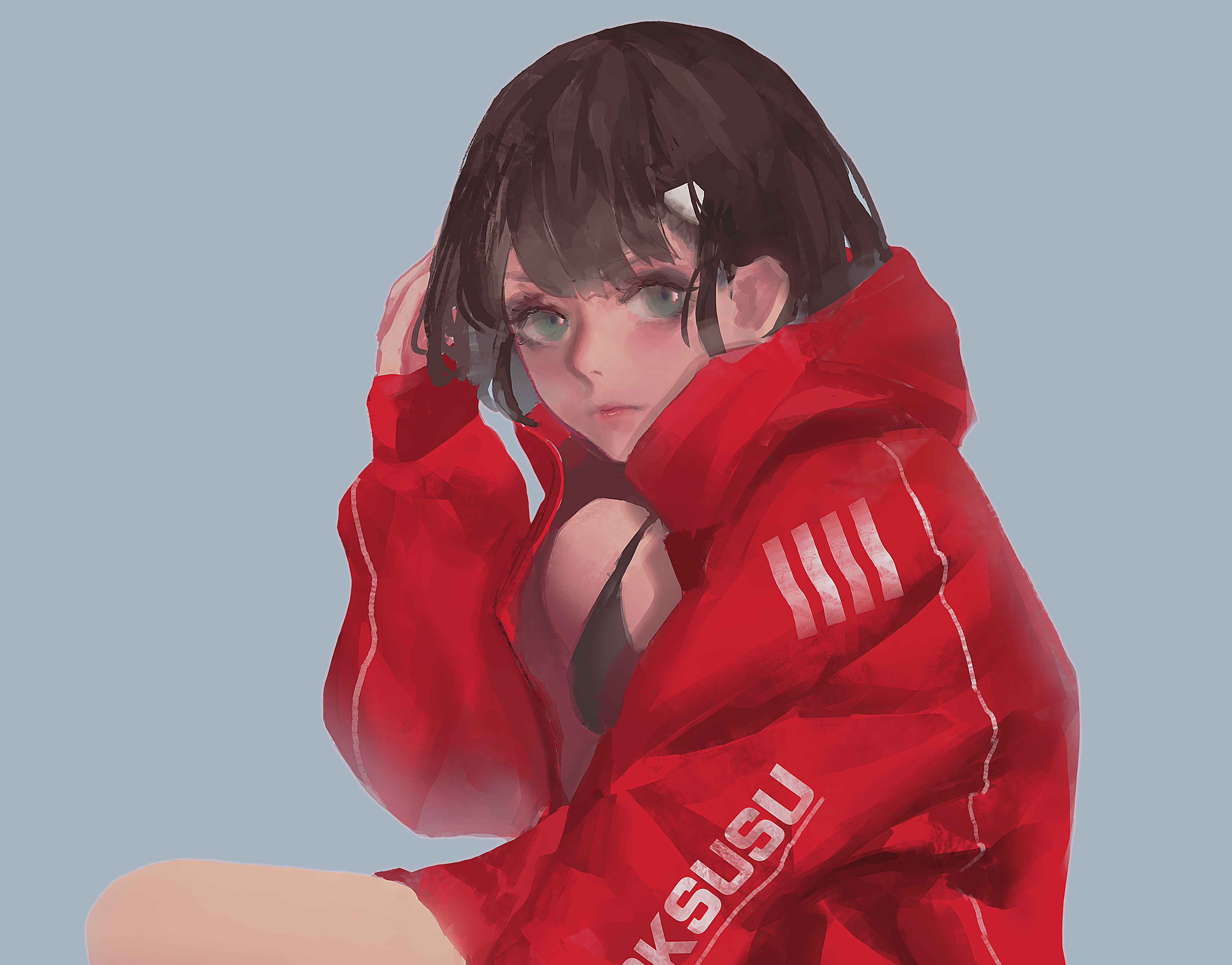 Anime girl in red hoodie HD Wallpaper