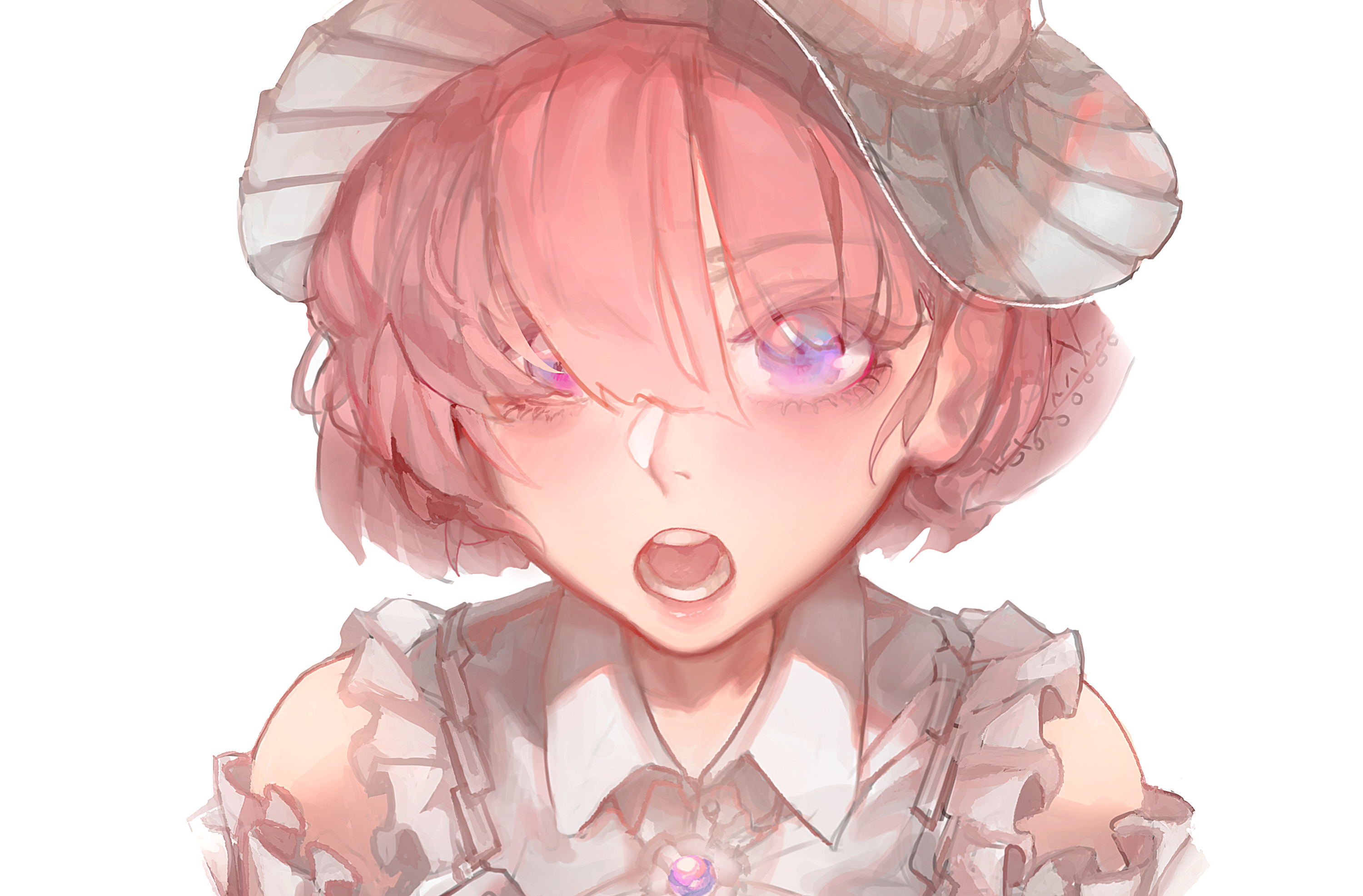 Anime girl with pink hair and hat, frontal view HD Wallpaper
