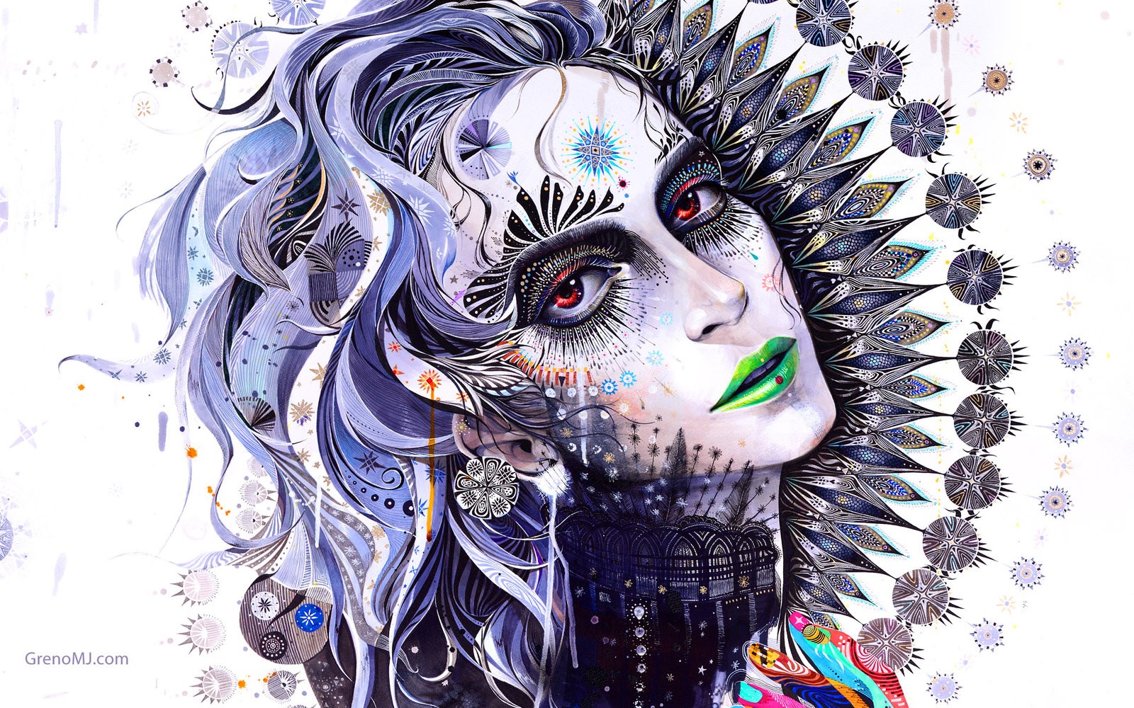 Artwork of a woman with elaborate face paint and hair HD Wallpaper