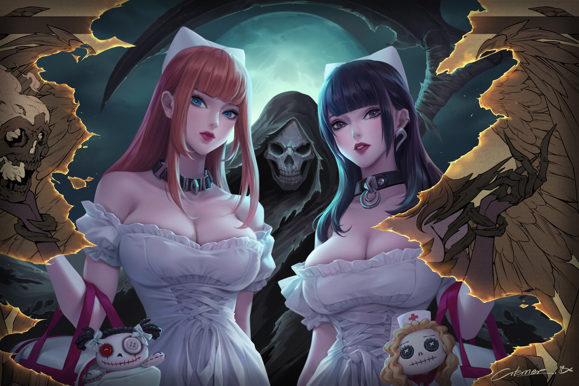 Two nurses and Grim Reaper with puppets HD Wallpaper