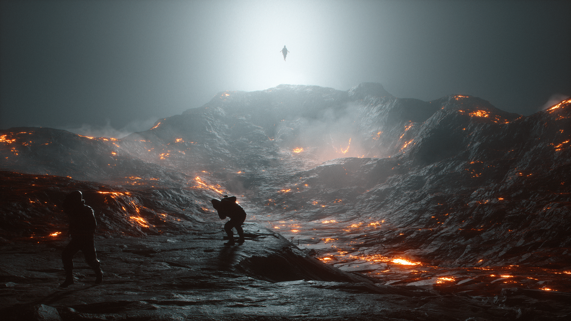 Figures in a volcanic landscape with lava and mist HD Wallpaper