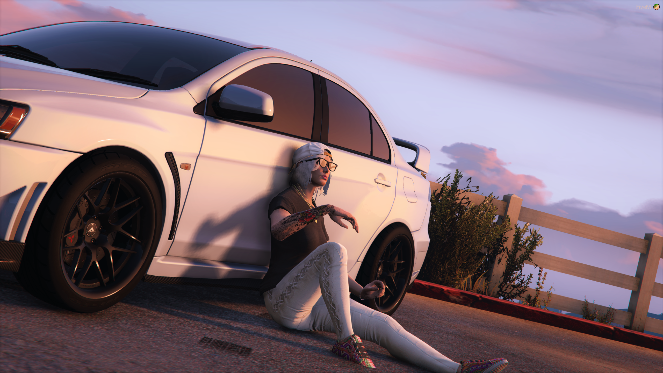 Woman leaning on a white Mitsubishi Lancer Evo X in Grand Theft Auto V HD Wallpaper
