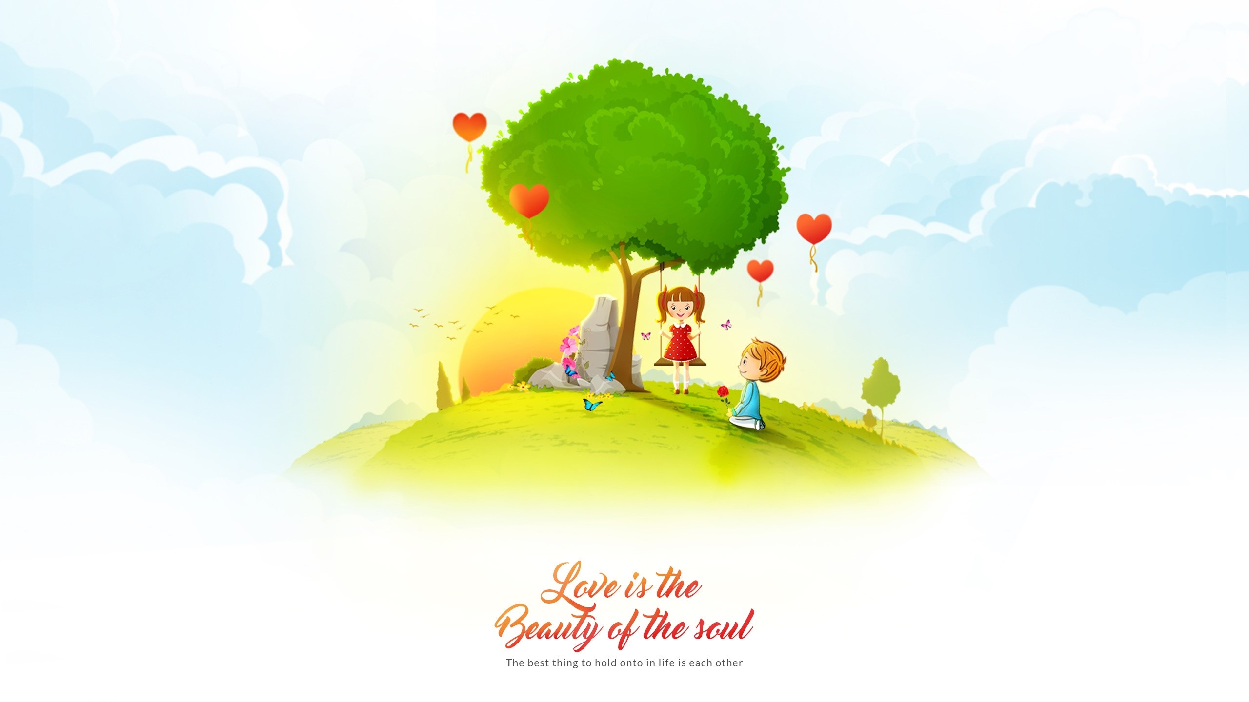Children on a swing under a tree with heart balloons HD Wallpaper
