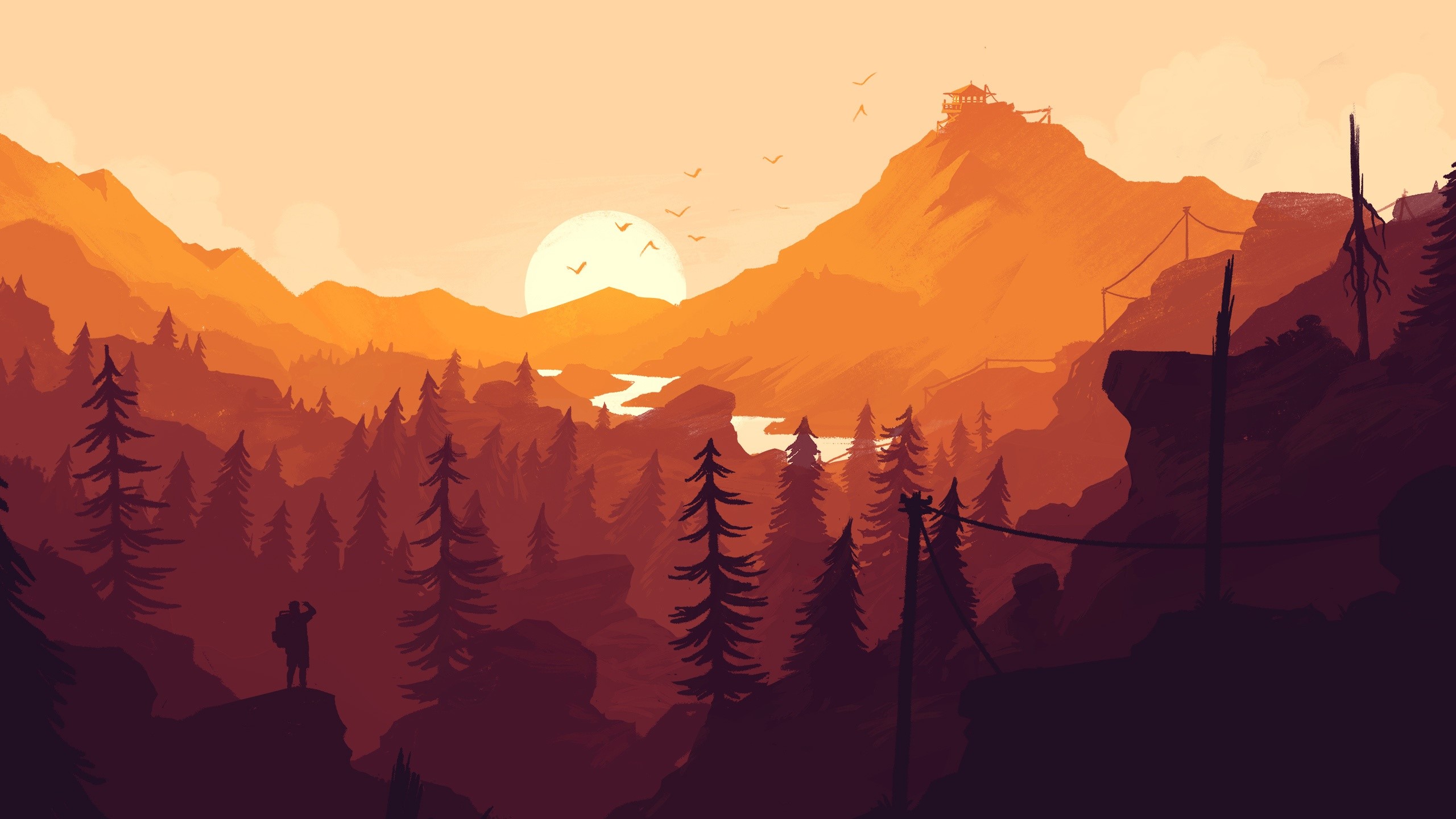 Man overlooking a mountain range at sunset HD Wallpaper