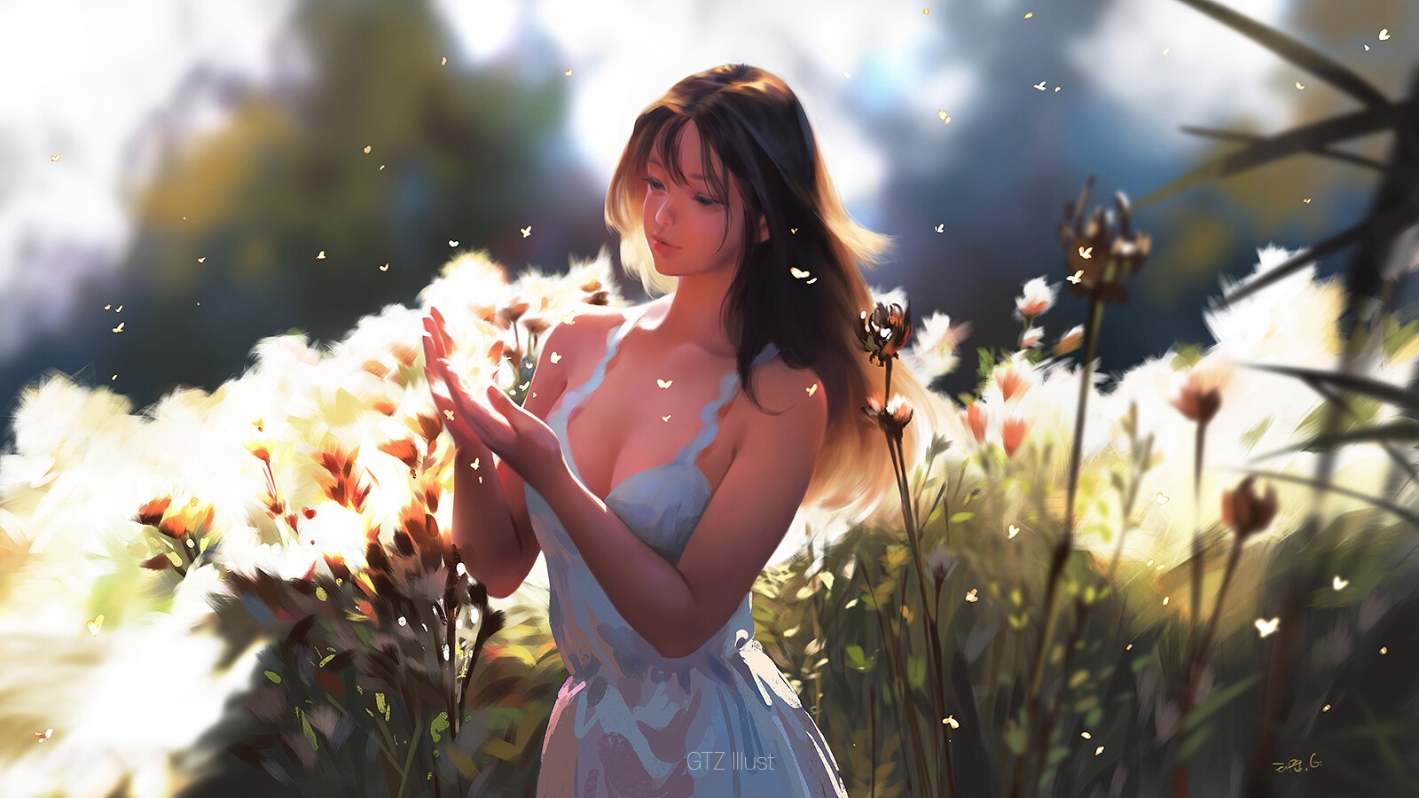 Anime girl in white dress in a garden with butterflies HD Wallpaper