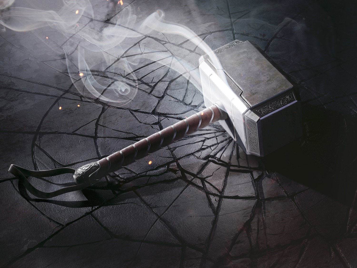 Thor's Hammer Mjolnir on Cracked Ground with Smoke HD Wallpaper