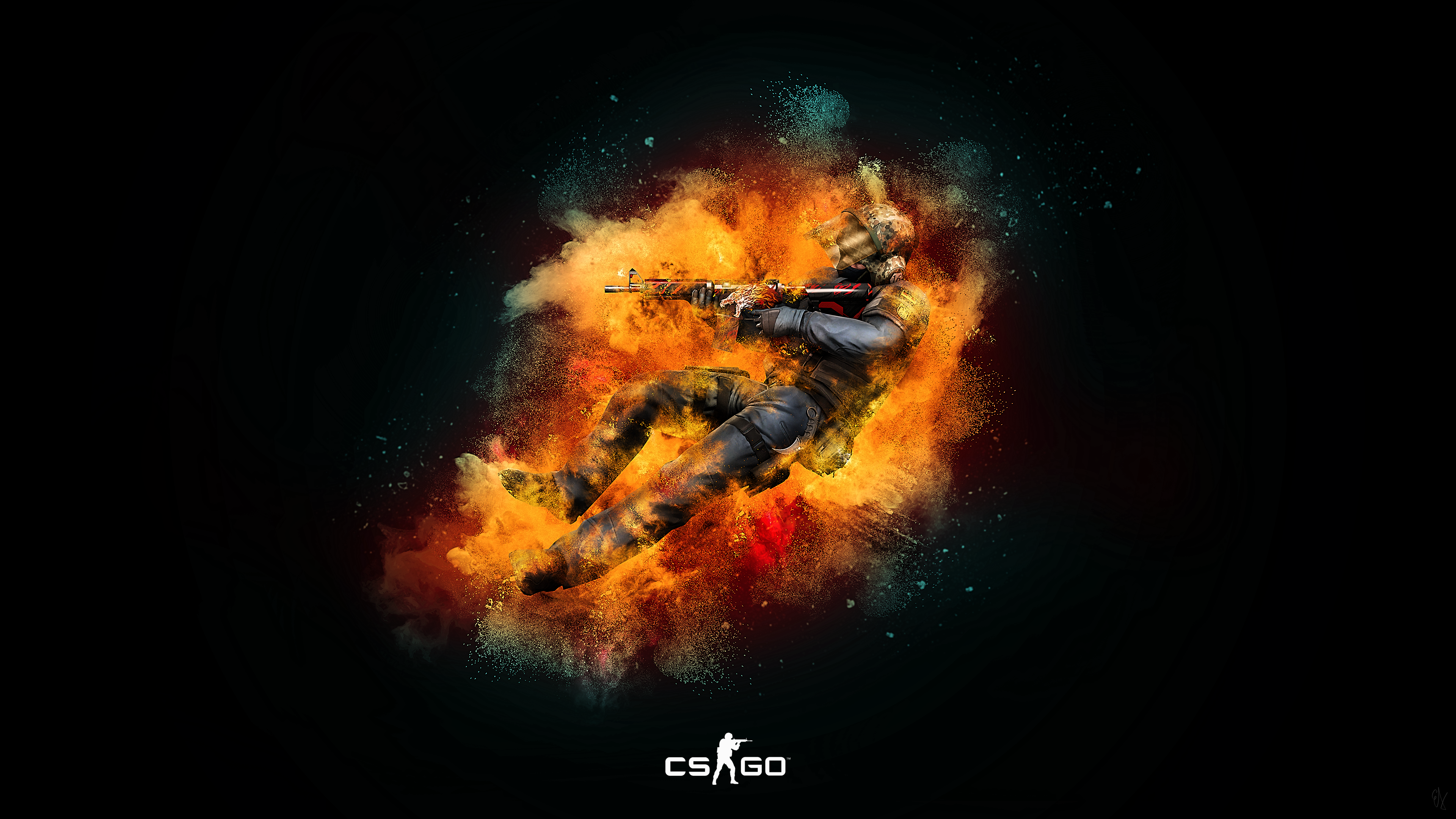 4K CS:GO character exploding in orange and yellow dust HD Wallpaper