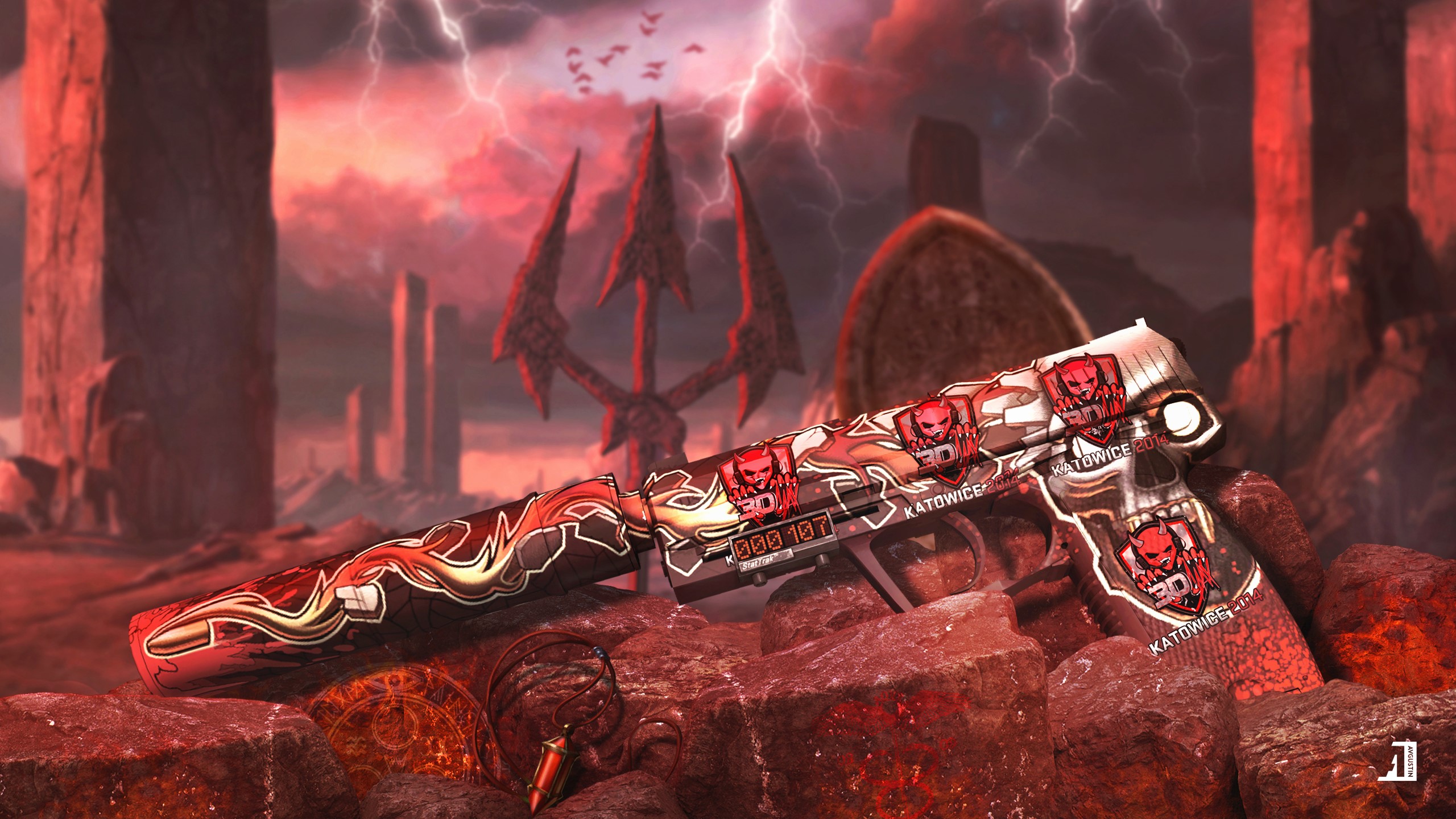 CS:GO USP-S with Katowice 2014 sticker in hellish landscape HD Wallpaper