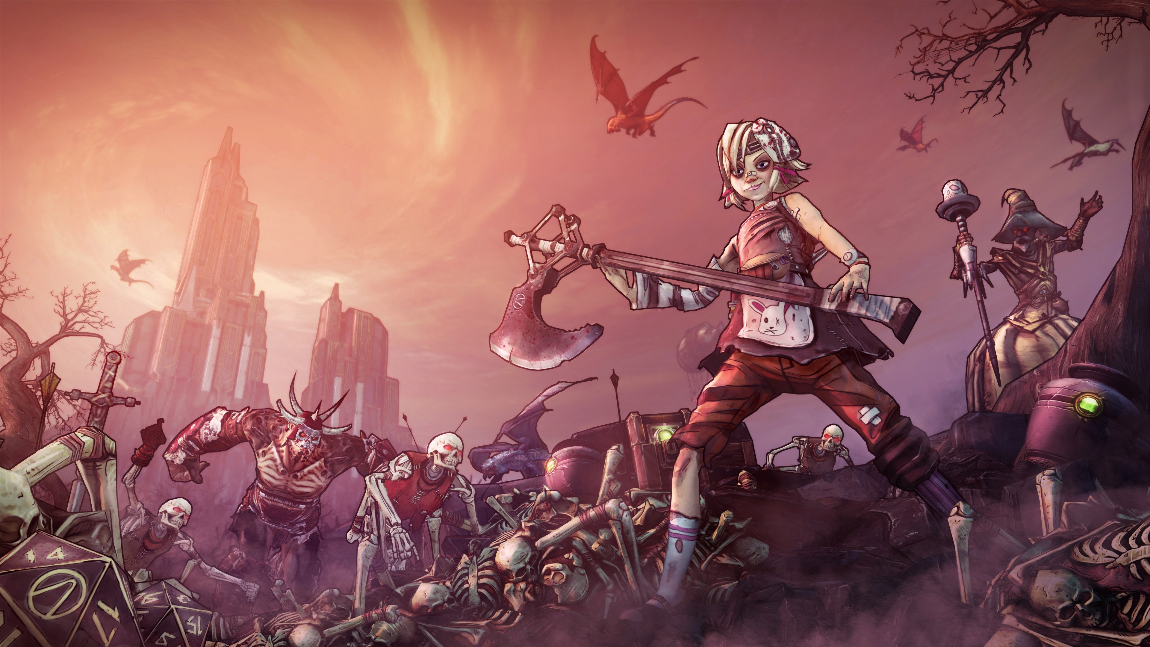 Tiny Tina from Borderlands 2 with weapons and monsters HD Wallpaper