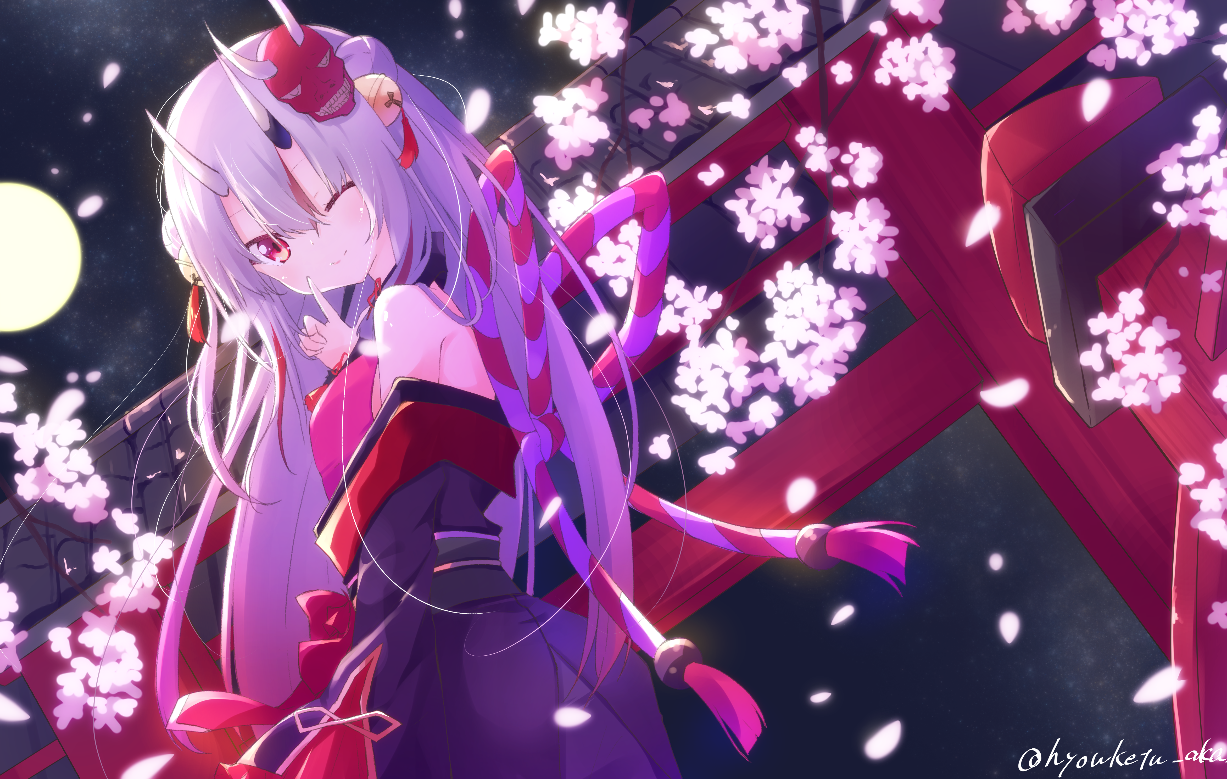 Nakiri Ayame in Night Cherry Blossoms 4K HD Wallpaper