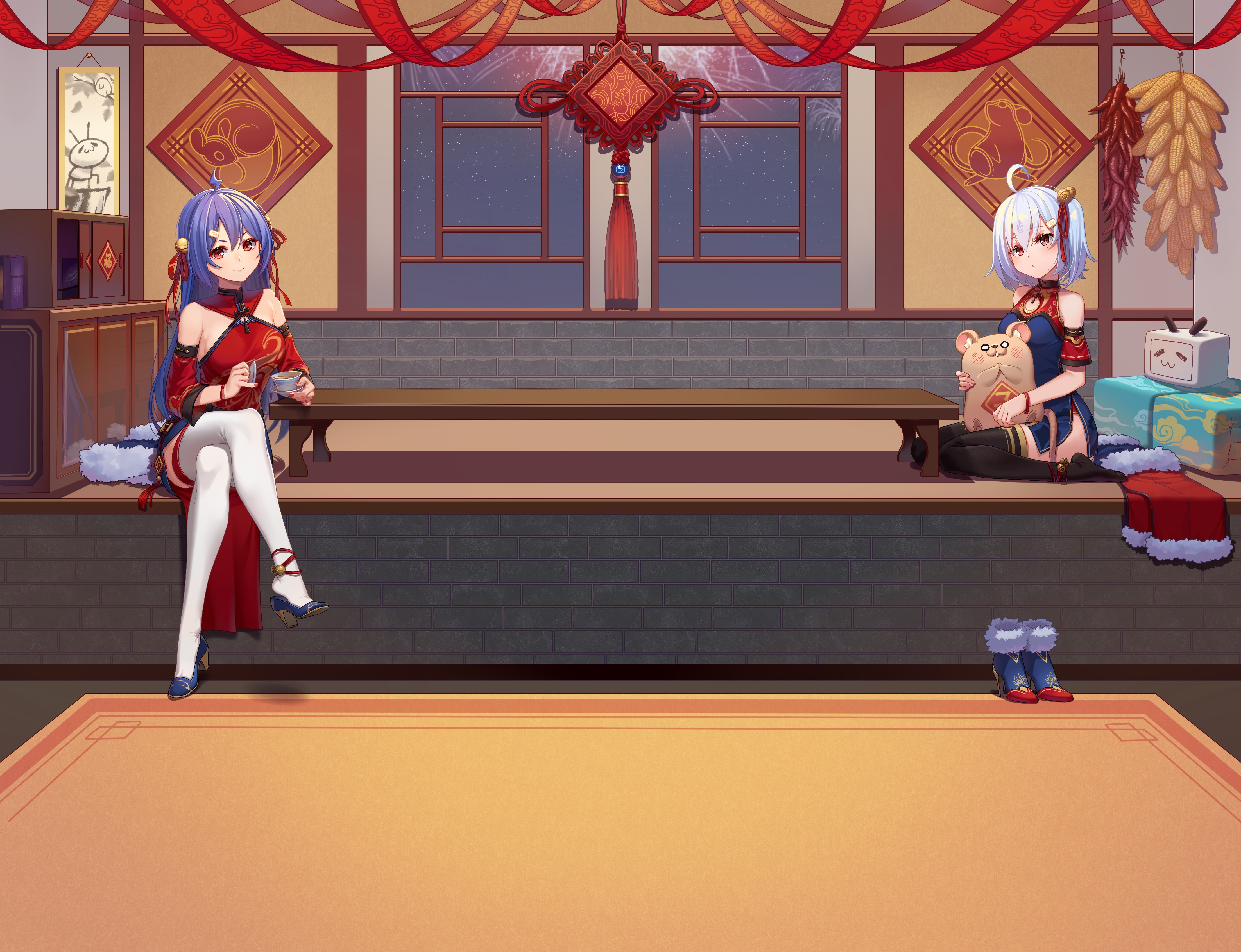 Anime girls in traditional Chinese attire HD Wallpaper
