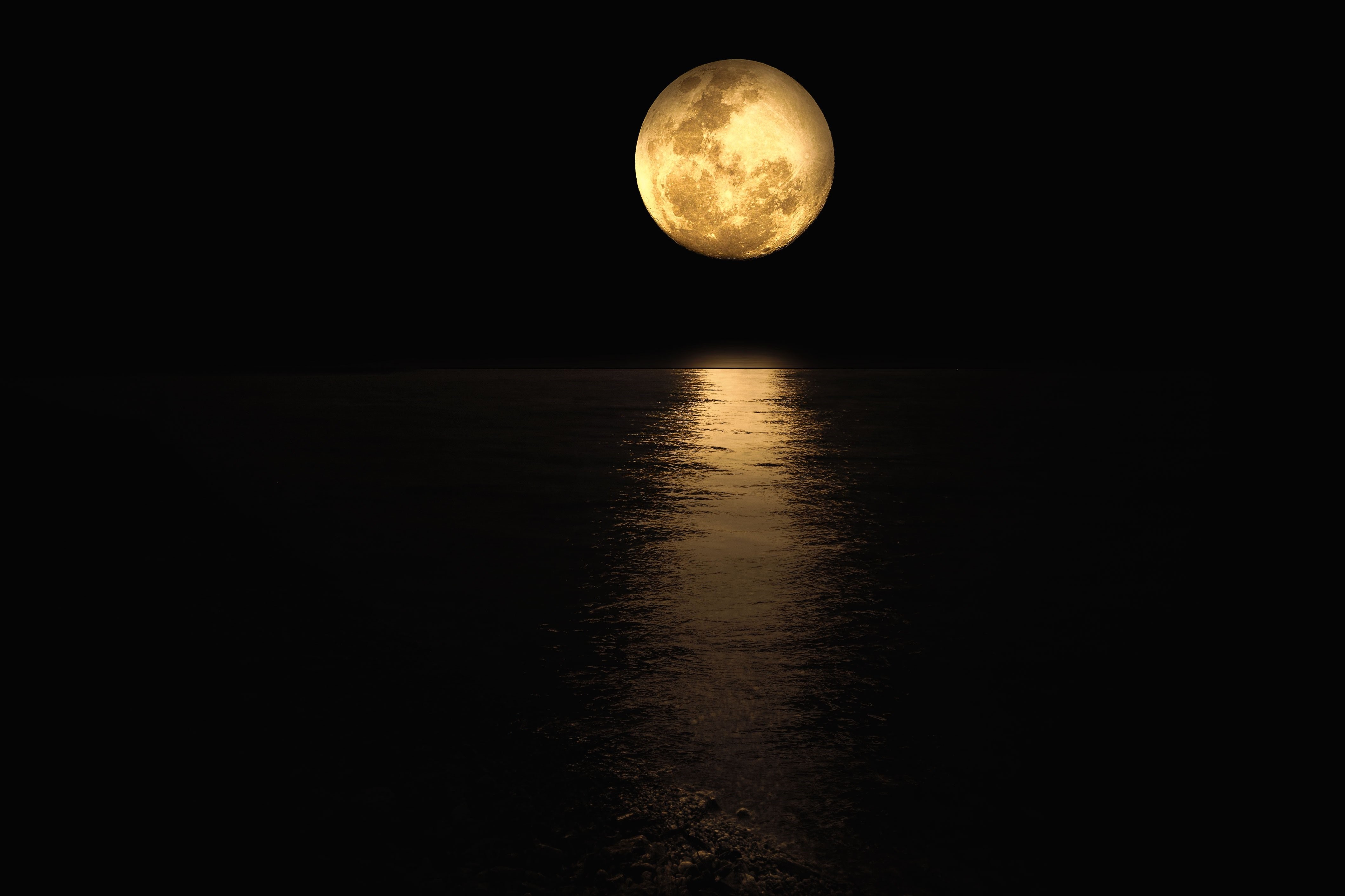 Full moon over the ocean at night HD Wallpaper