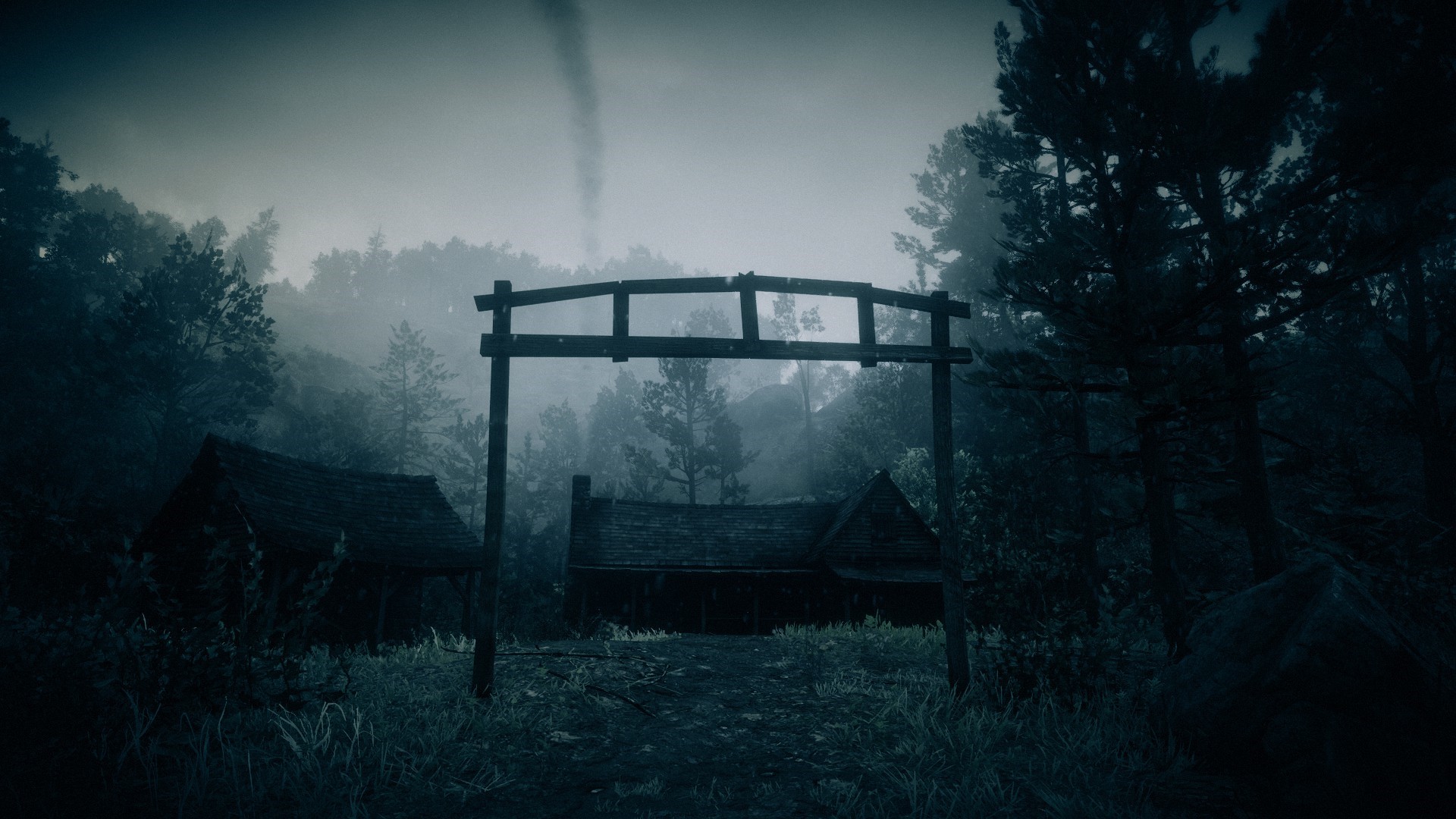 Wooden archway in a foggy forest with cabins HD Wallpaper