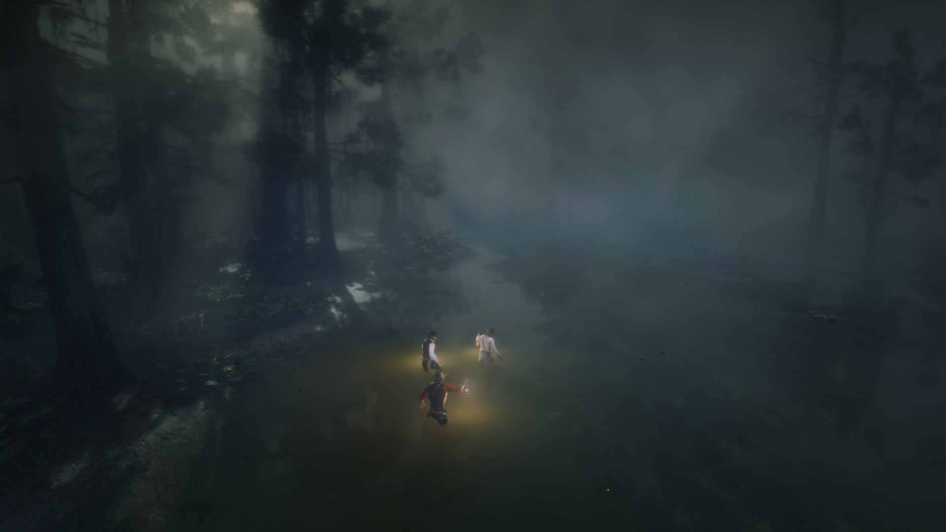 Red Dead Redemption 2 swamp scene with three characters HD Wallpaper