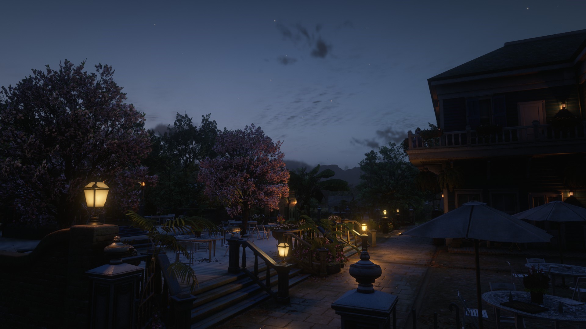 Outdoor patio at dusk in Red Dead Redemption 2 HD Wallpaper