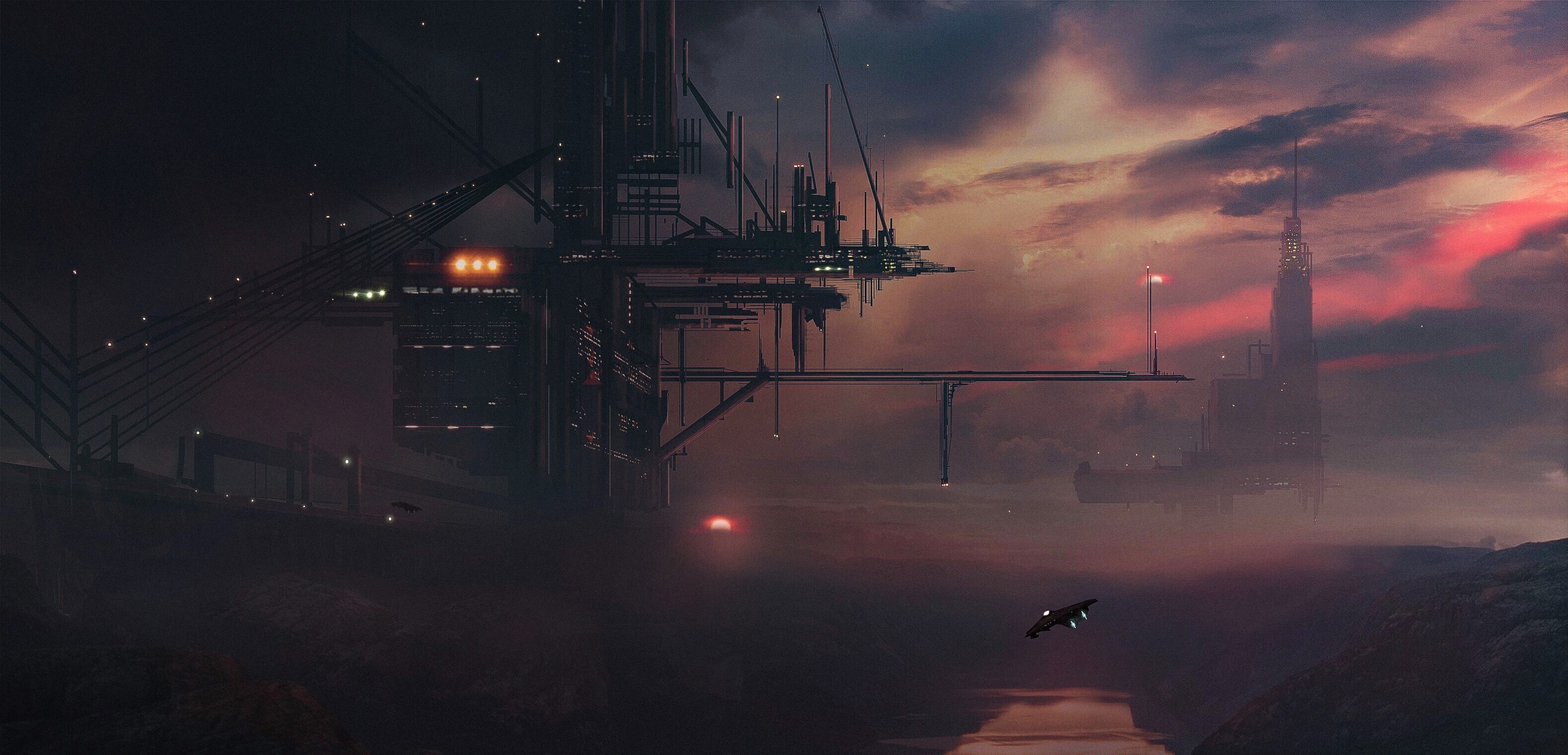 Futuristic industrial complex at sunset HD Wallpaper