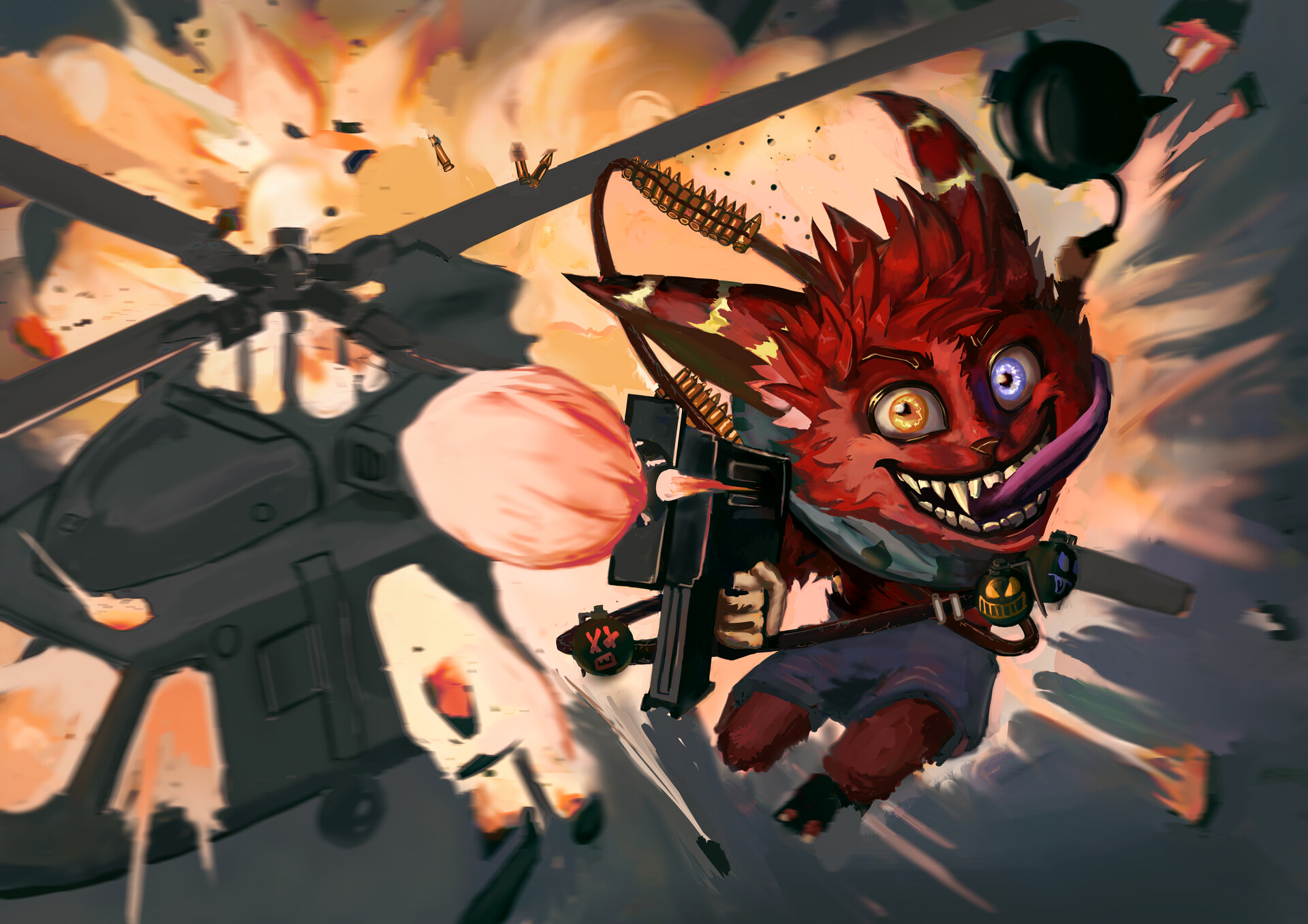 Biomutant character with helicopter explosion HD Wallpaper