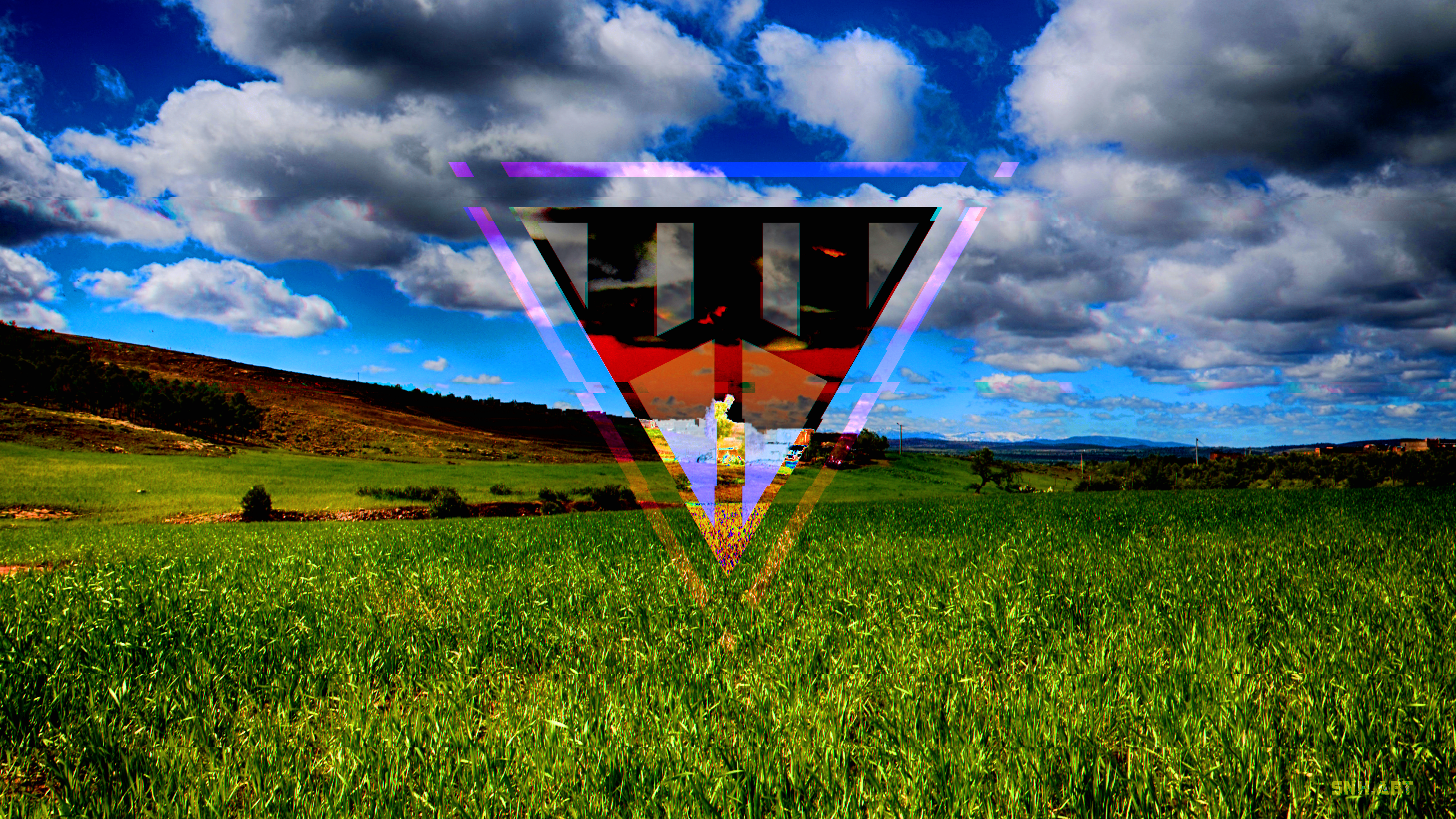 Psychedelic Triangle Over Green Plains and Sky HD Wallpaper