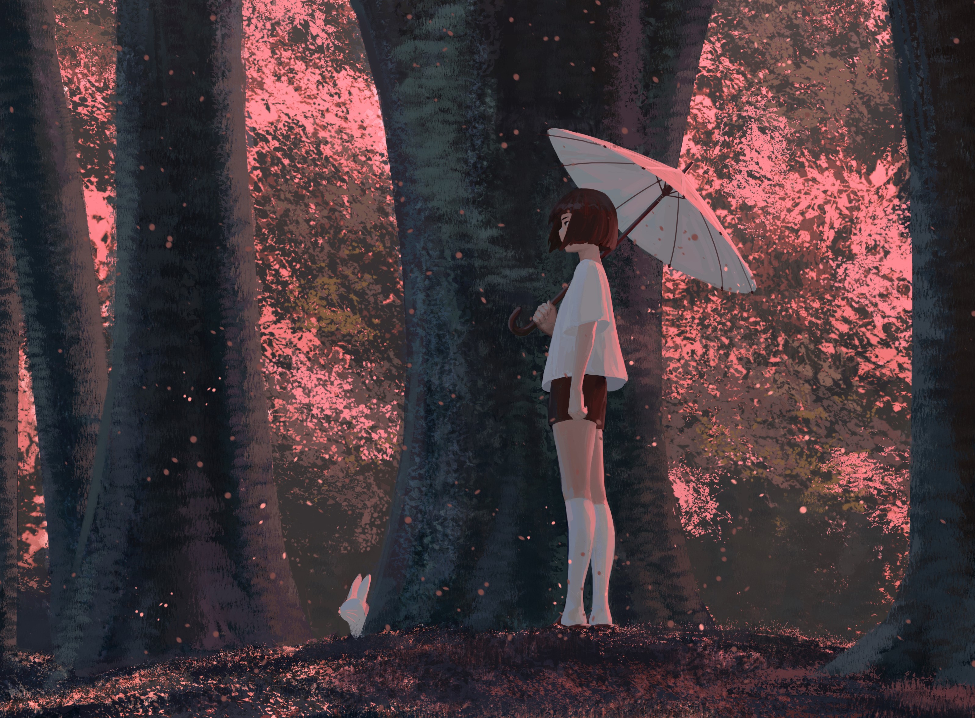 Girl with Umbrella and Rabbit in Forest HD Wallpaper