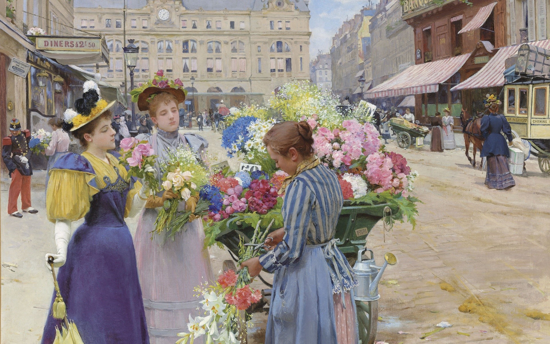 Flower Market Scene in Paris HD Wallpaper