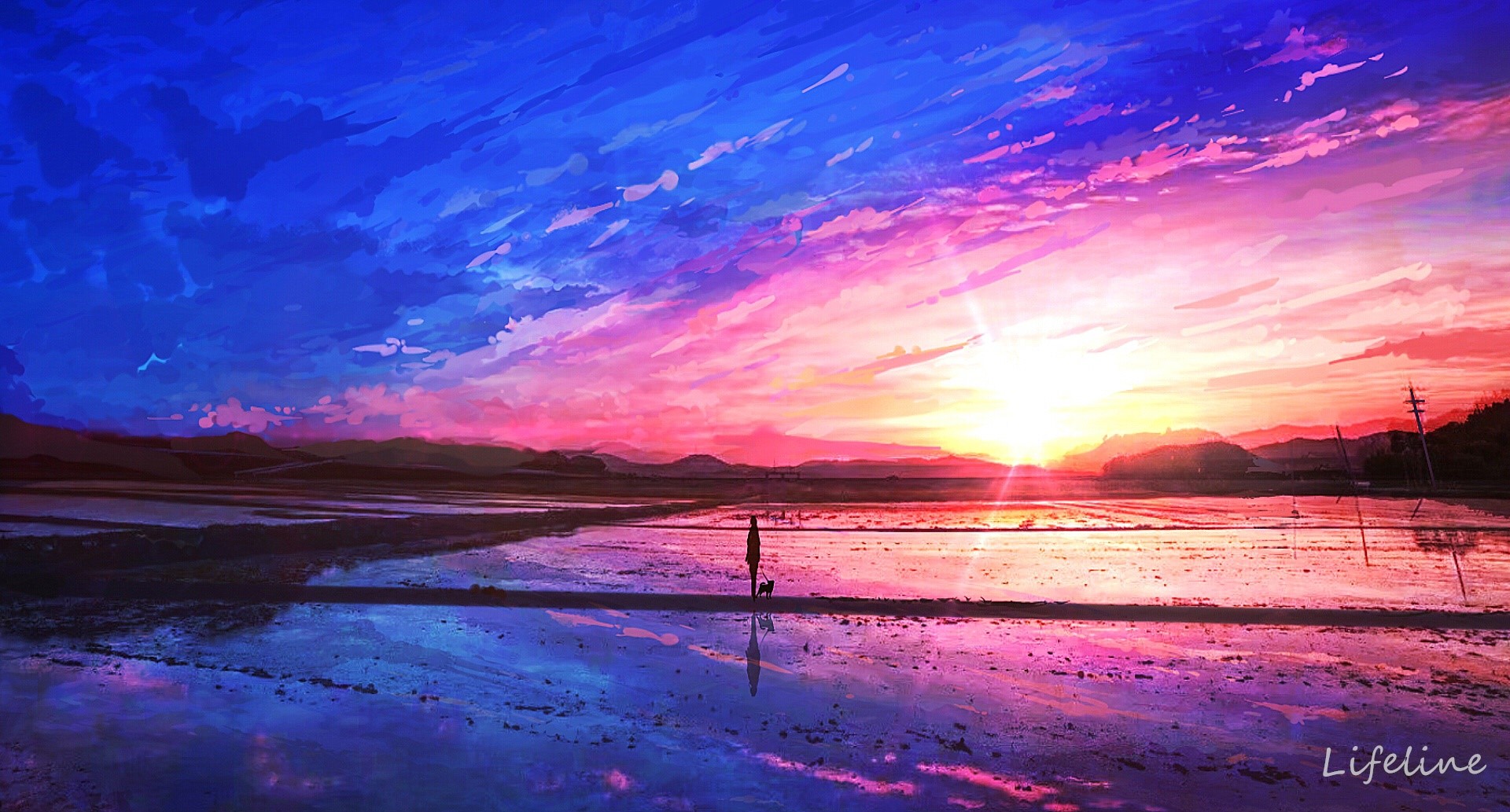 Anime landscape with person and dog at sunset HD Wallpaper