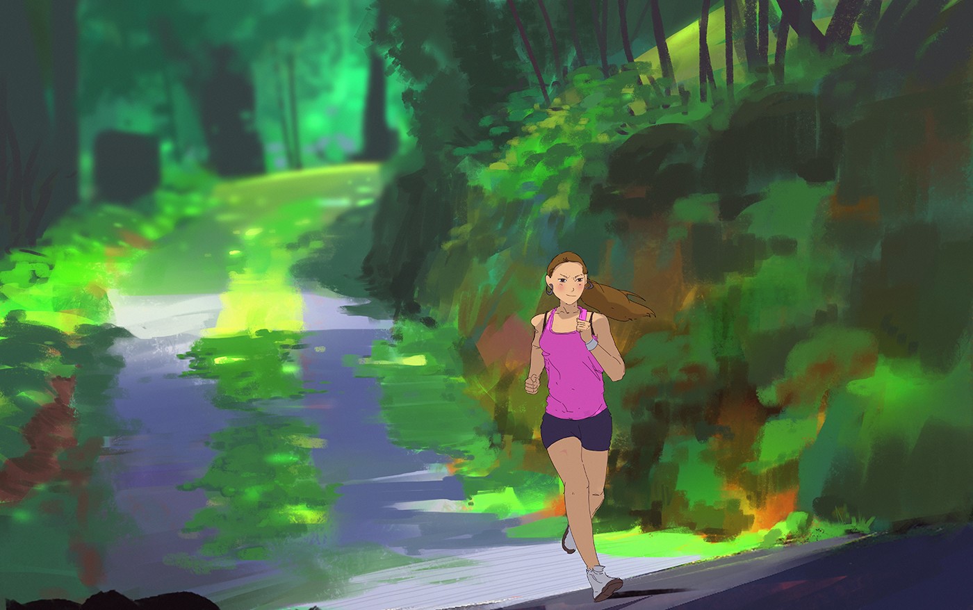 Woman running on a path in a forest HD Wallpaper