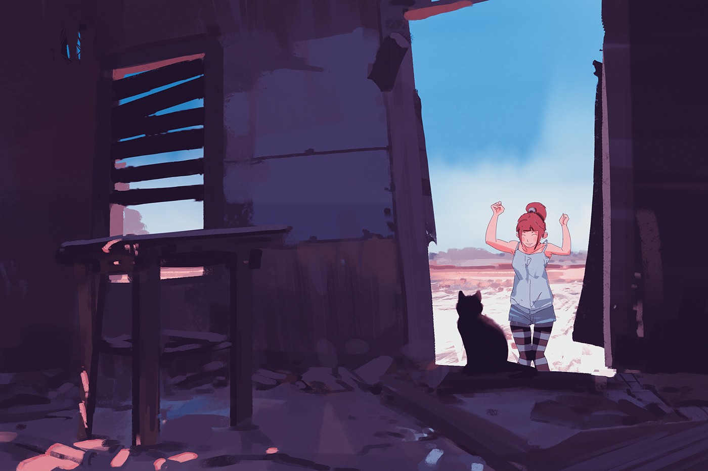 Girl and cat in ruined building HD Wallpaper