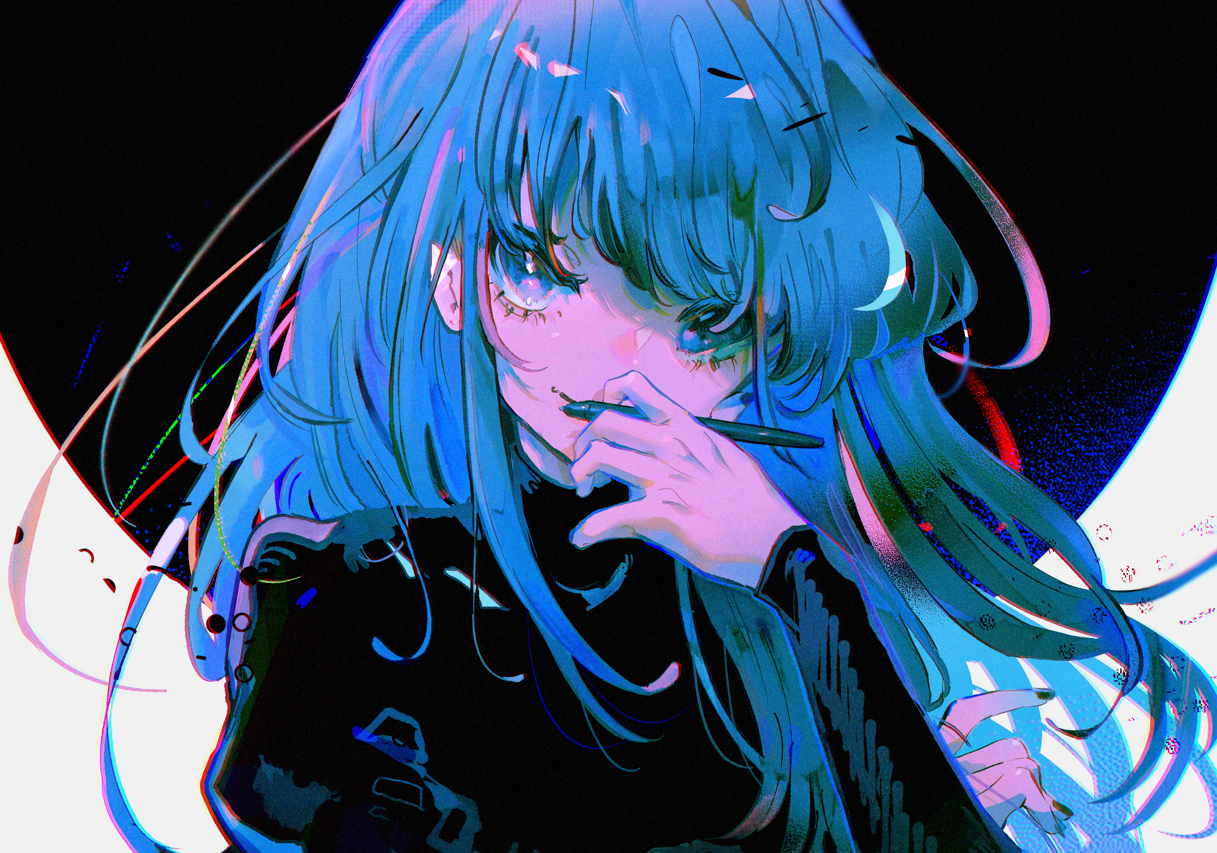 Anime girl with blue hair holding a pen HD Wallpaper