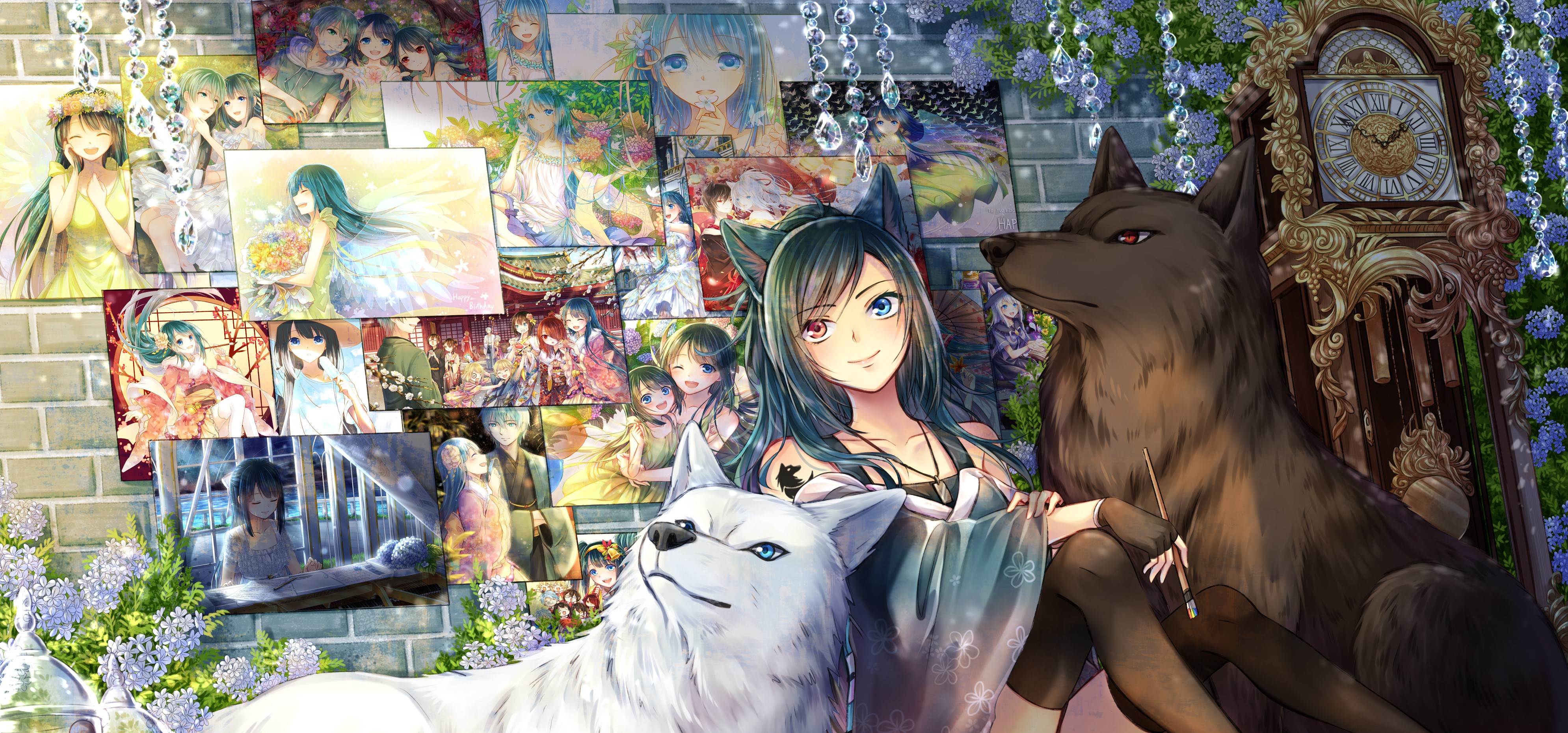 Anime girls with wolf companions and clock HD Wallpaper