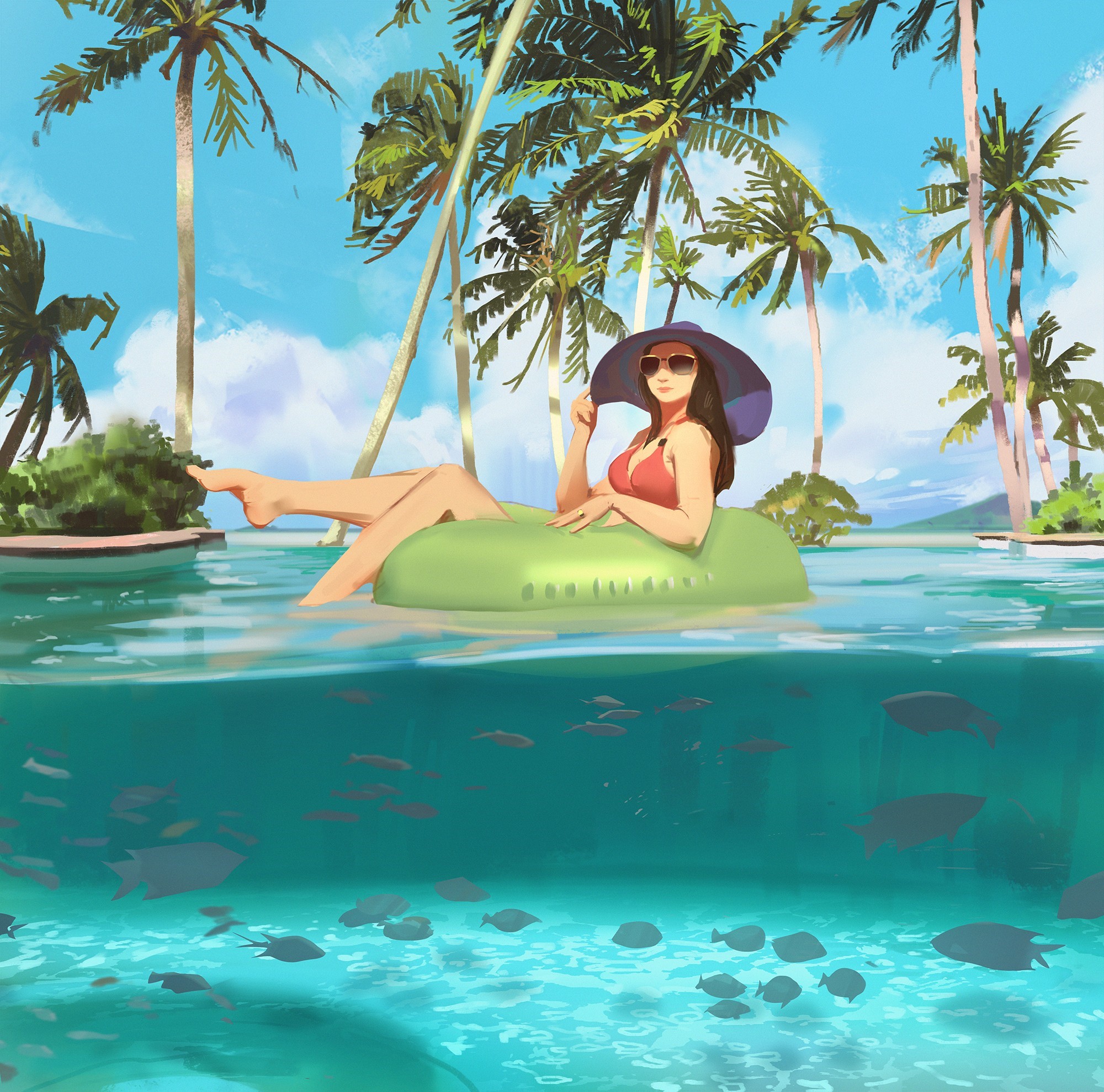 Woman relaxing on an inflatable tube in a tropical pool HD Wallpaper