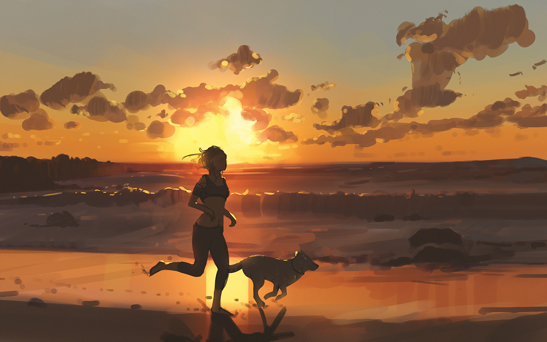 Woman and dog jogging on a beach at sunset HD Wallpaper