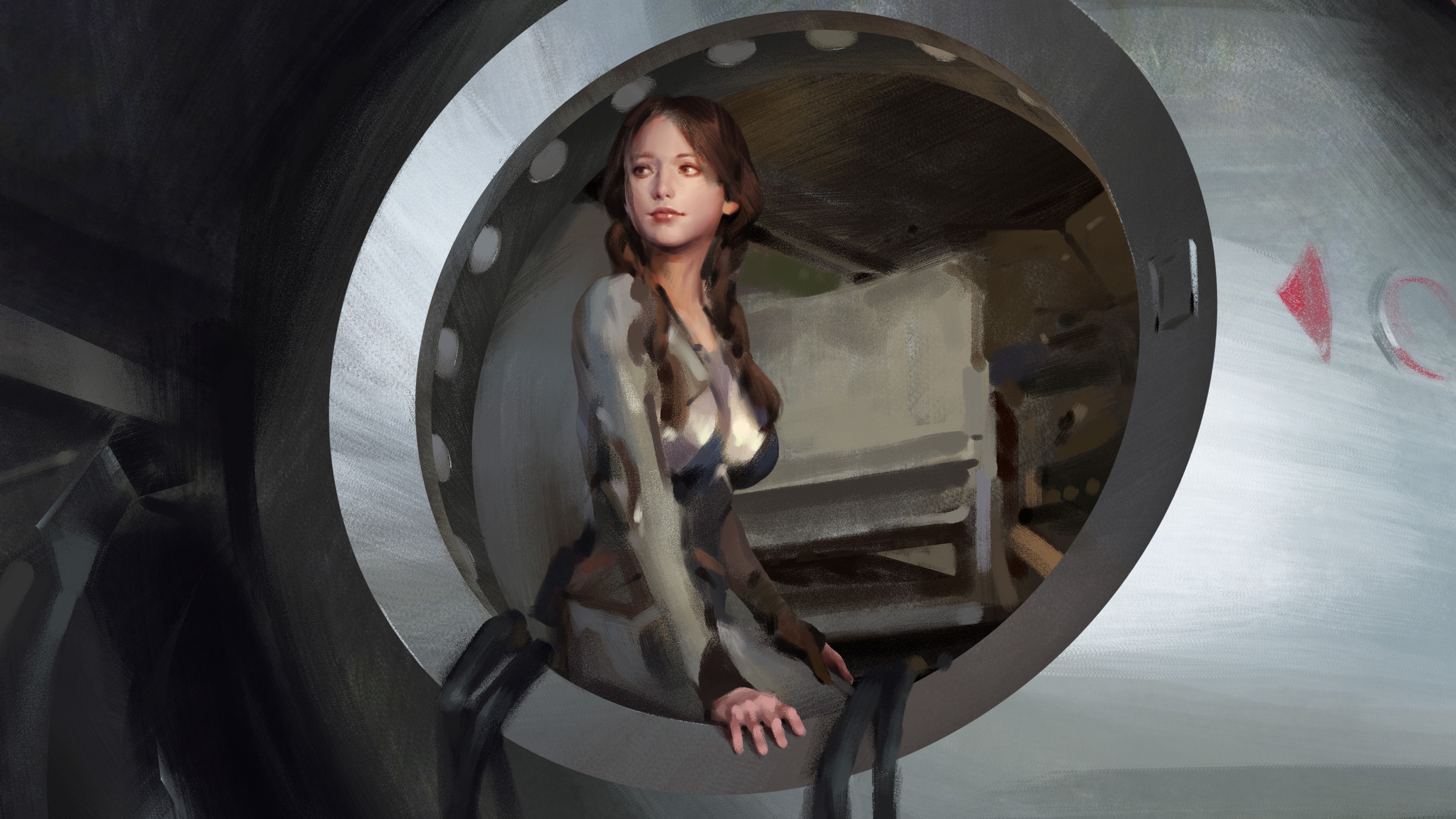 Woman with pigtails in a futuristic setting HD Wallpaper