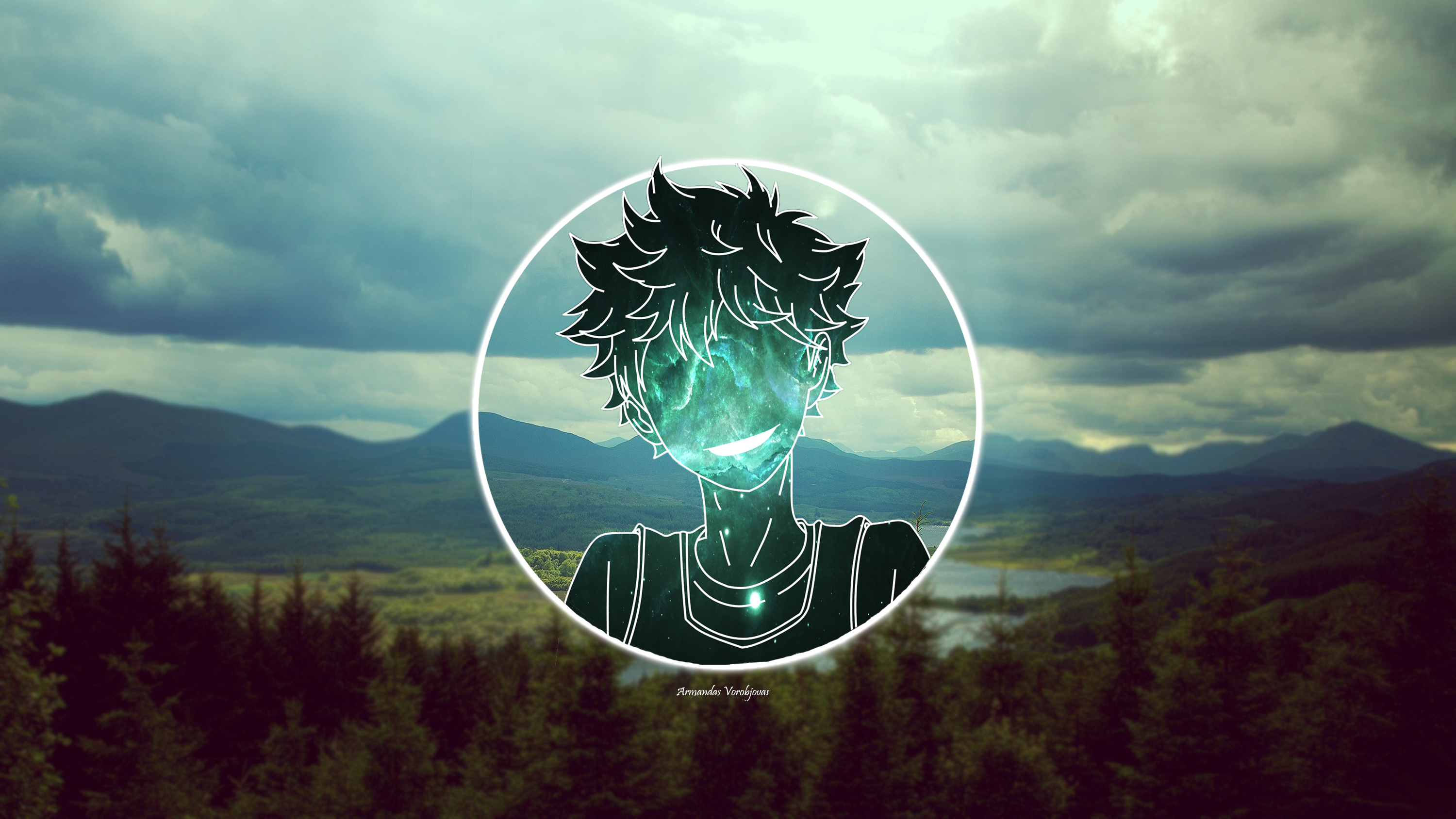 Anime character in a circle over a mountain landscape HD Wallpaper