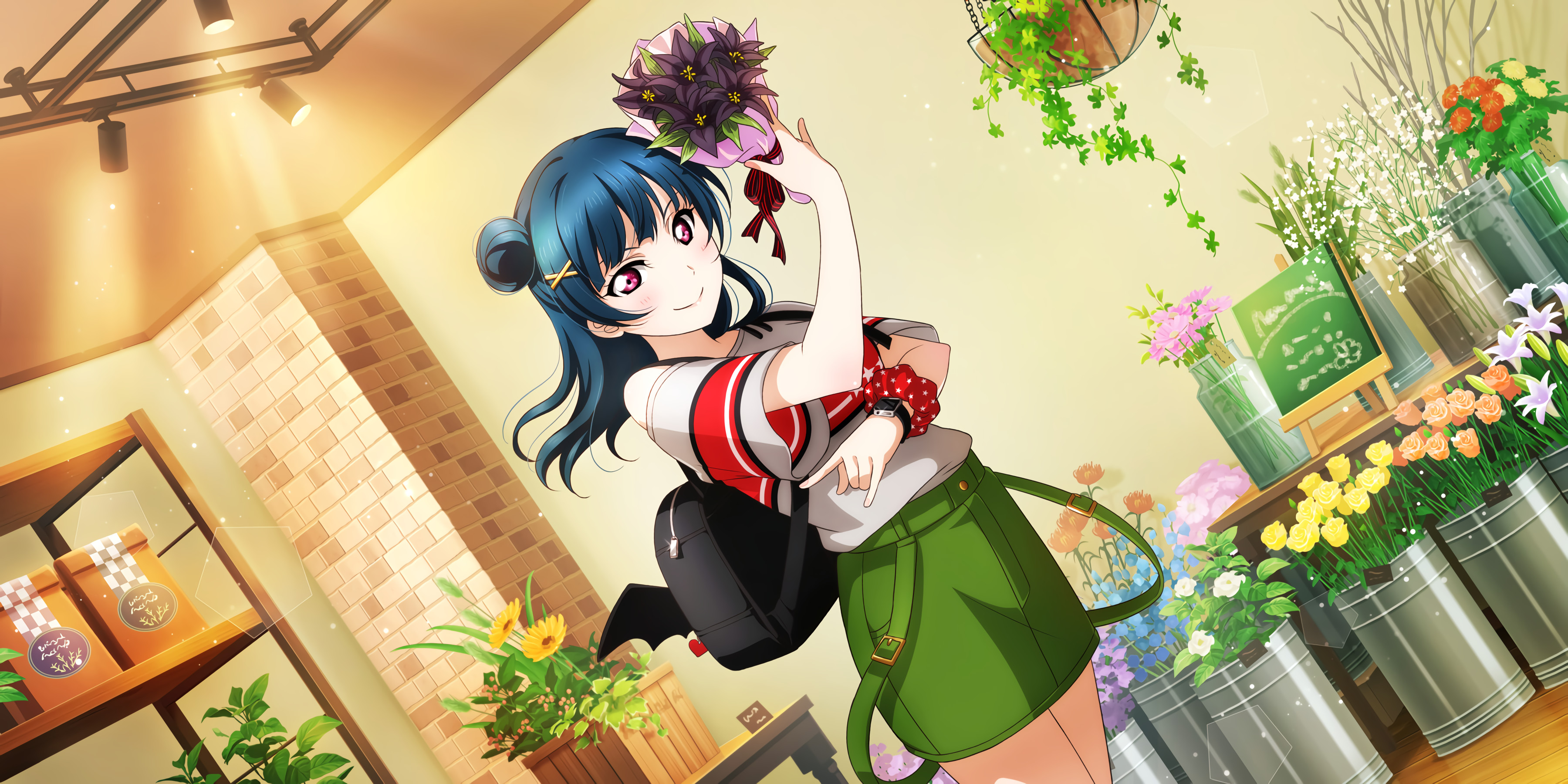 Tsushima Yoshiko from Love Live! Sunshine!! holding flowers HD Wallpaper
