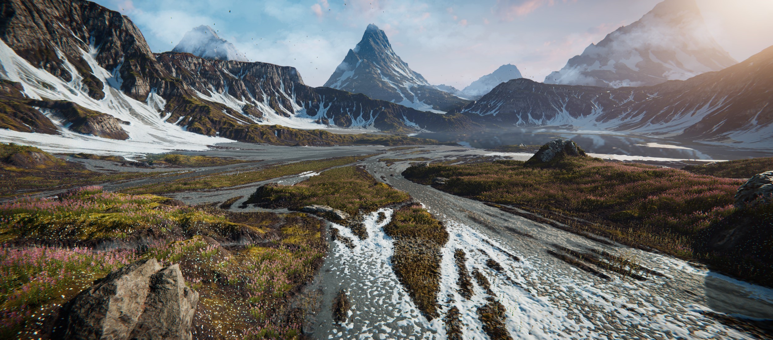 Snowy mountains and a valley with a river HD Wallpaper