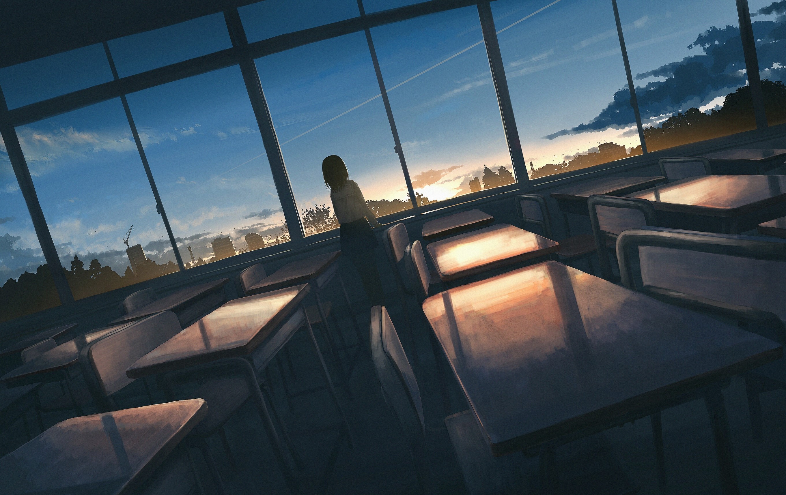 Anime school classroom at sunset with a girl HD Wallpaper