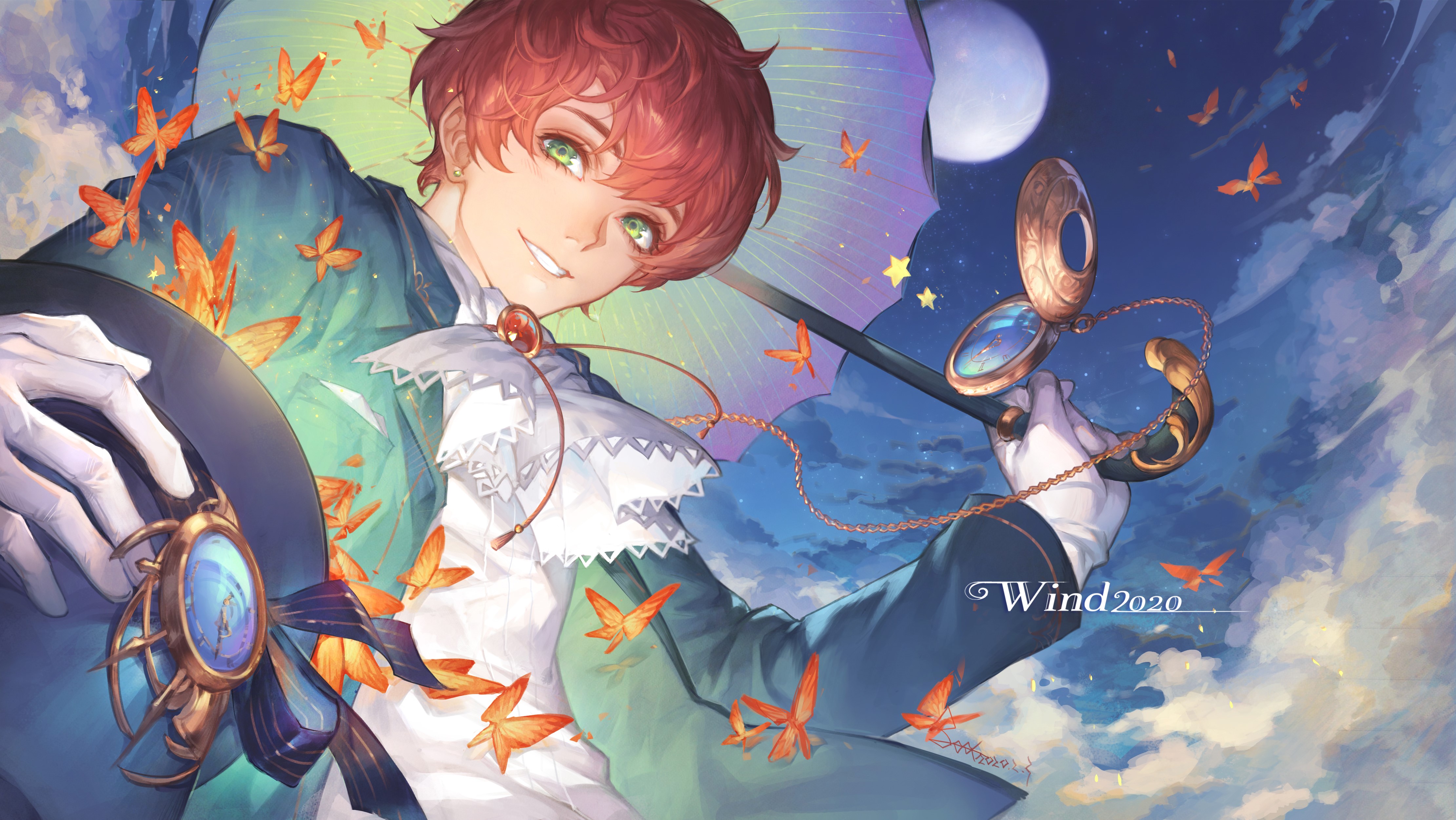 Anime boy with red hair and green eyes holding an umbrella HD Wallpaper