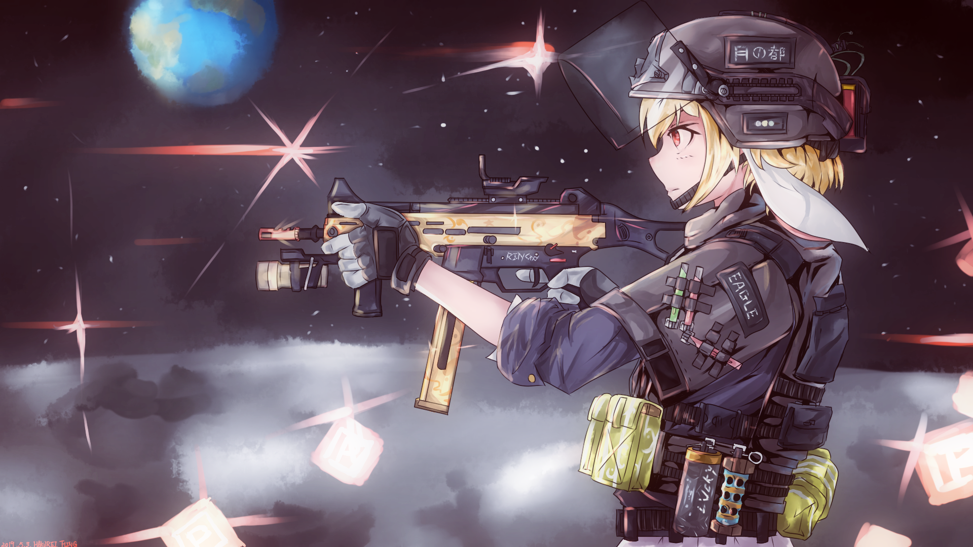 Anime girl with gun in space near Moon HD Wallpaper